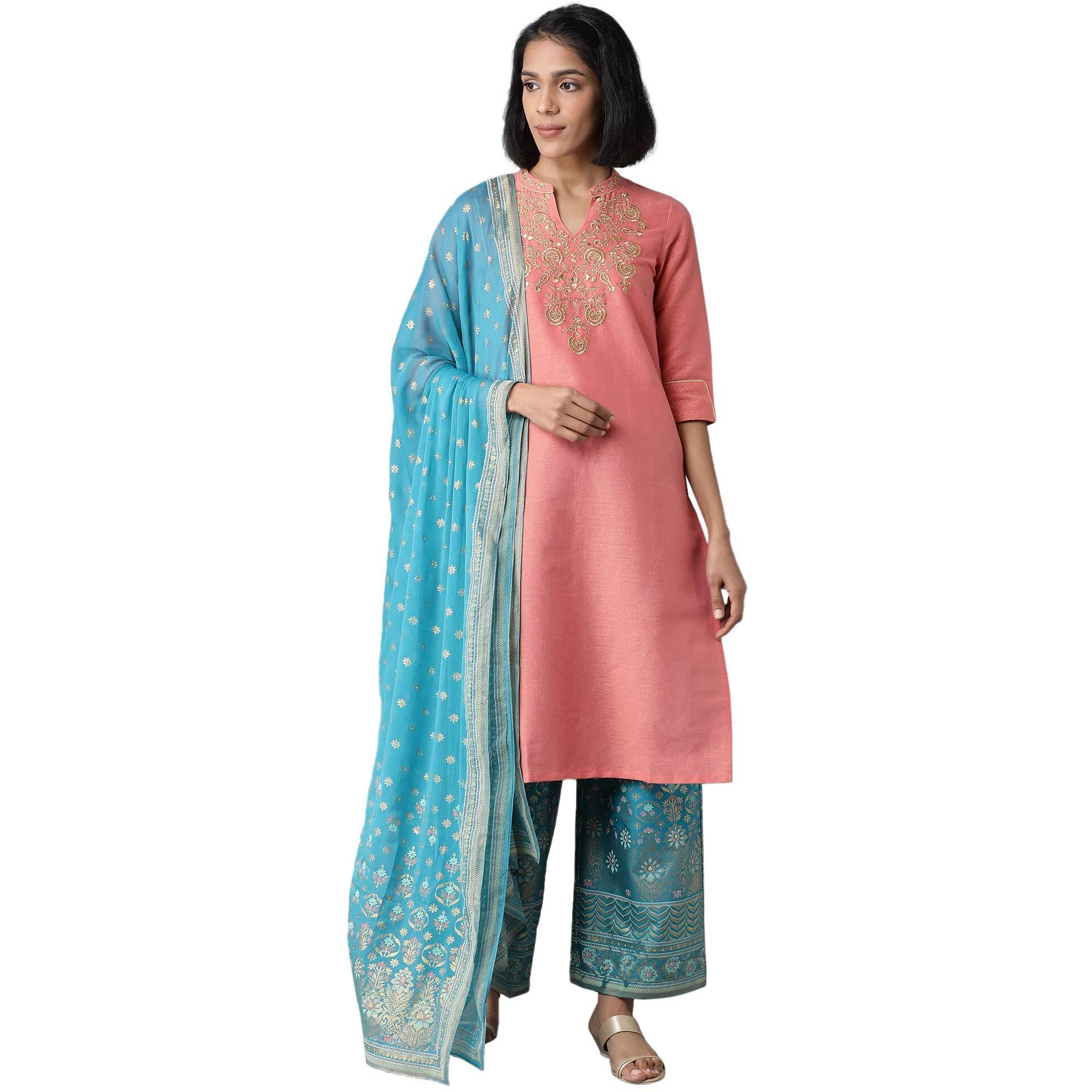 Aurelia Women's Rayon Blend Kurta, Palazzo & Dupatta (21Auas12434-702246_Peach_S)