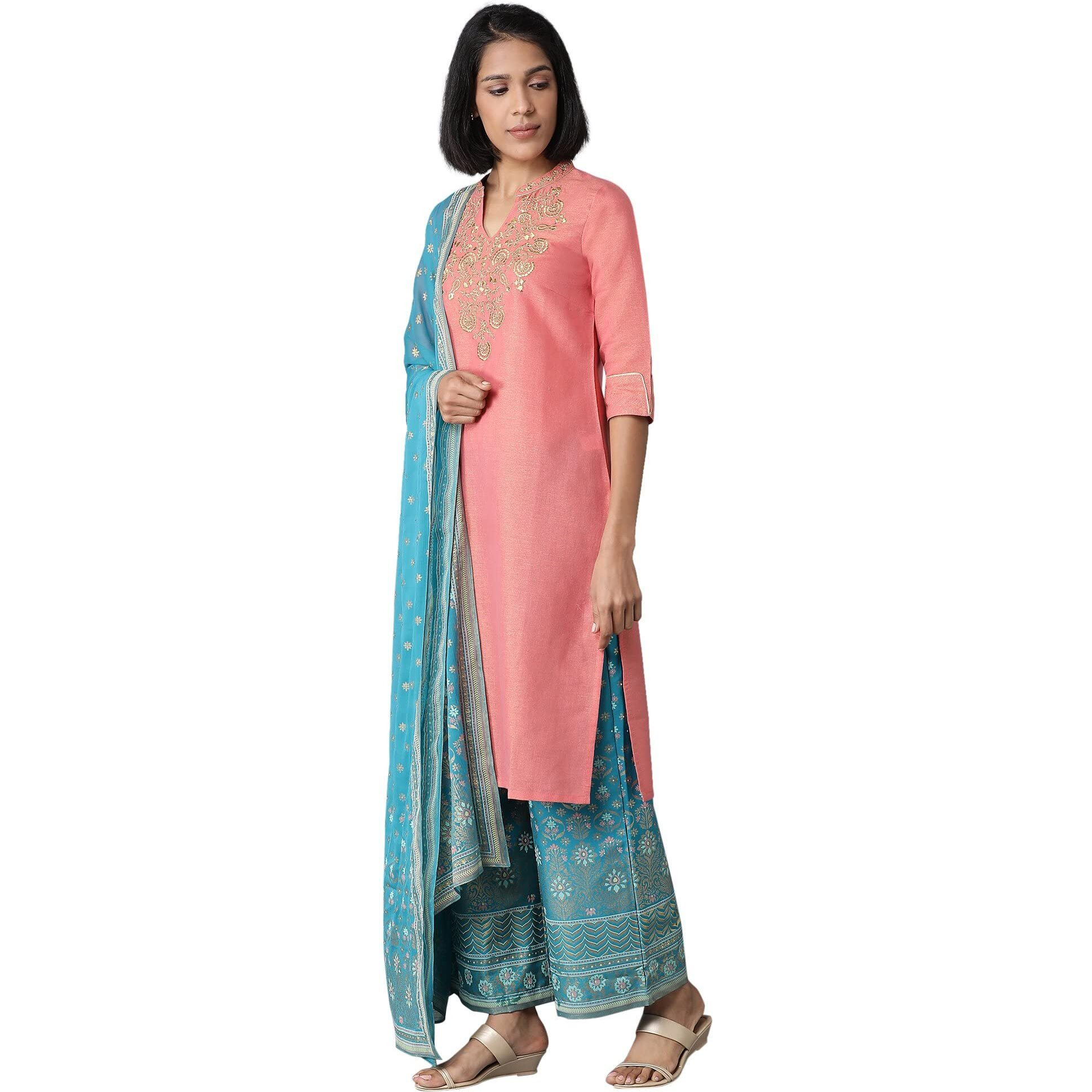 Aurelia Women's Rayon Blend Kurta, Palazzo & Dupatta (21Auas12434-702246_Peach_S)