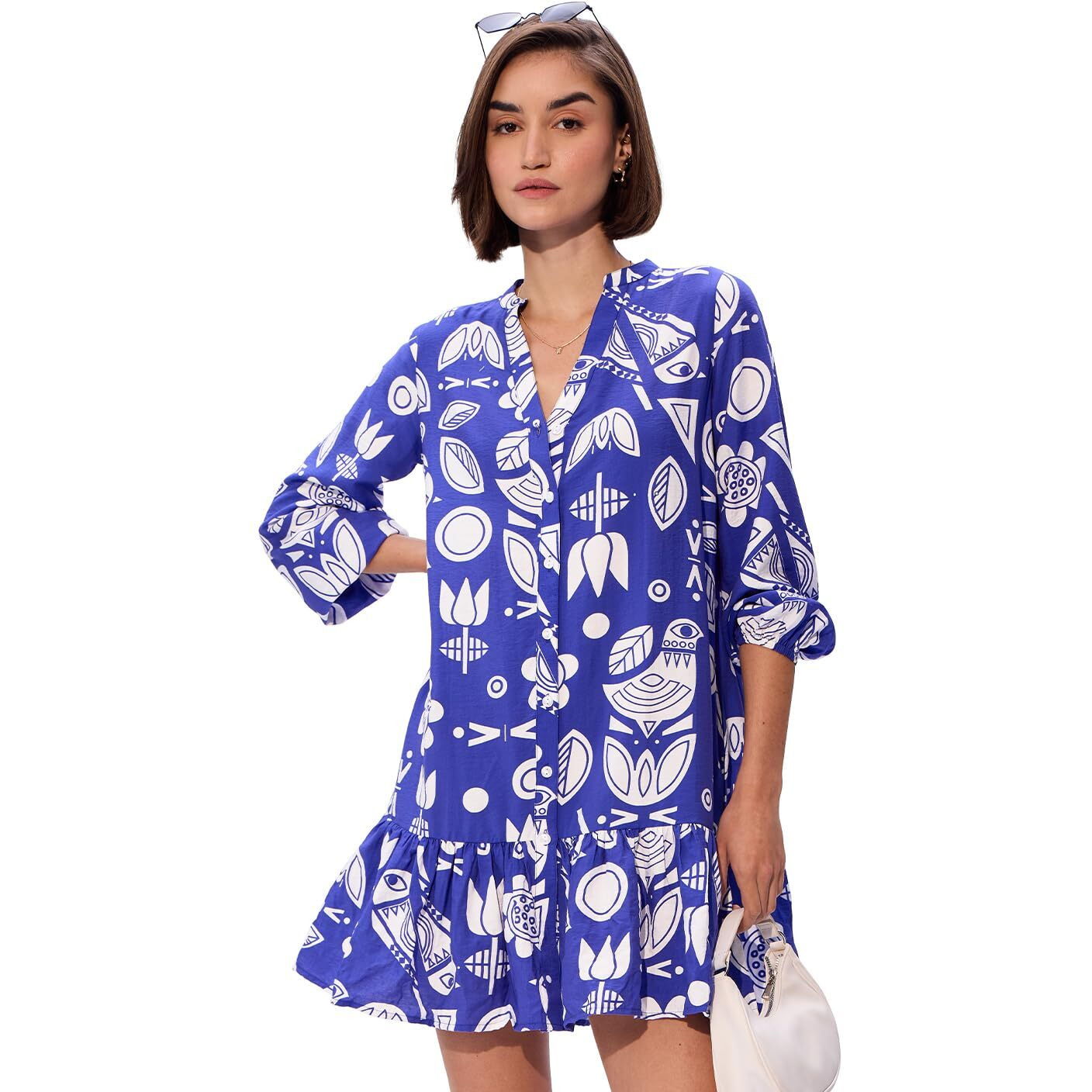 The Souled Store Geometric Pattern Women And Girls Long Sleeves Dress Blue White