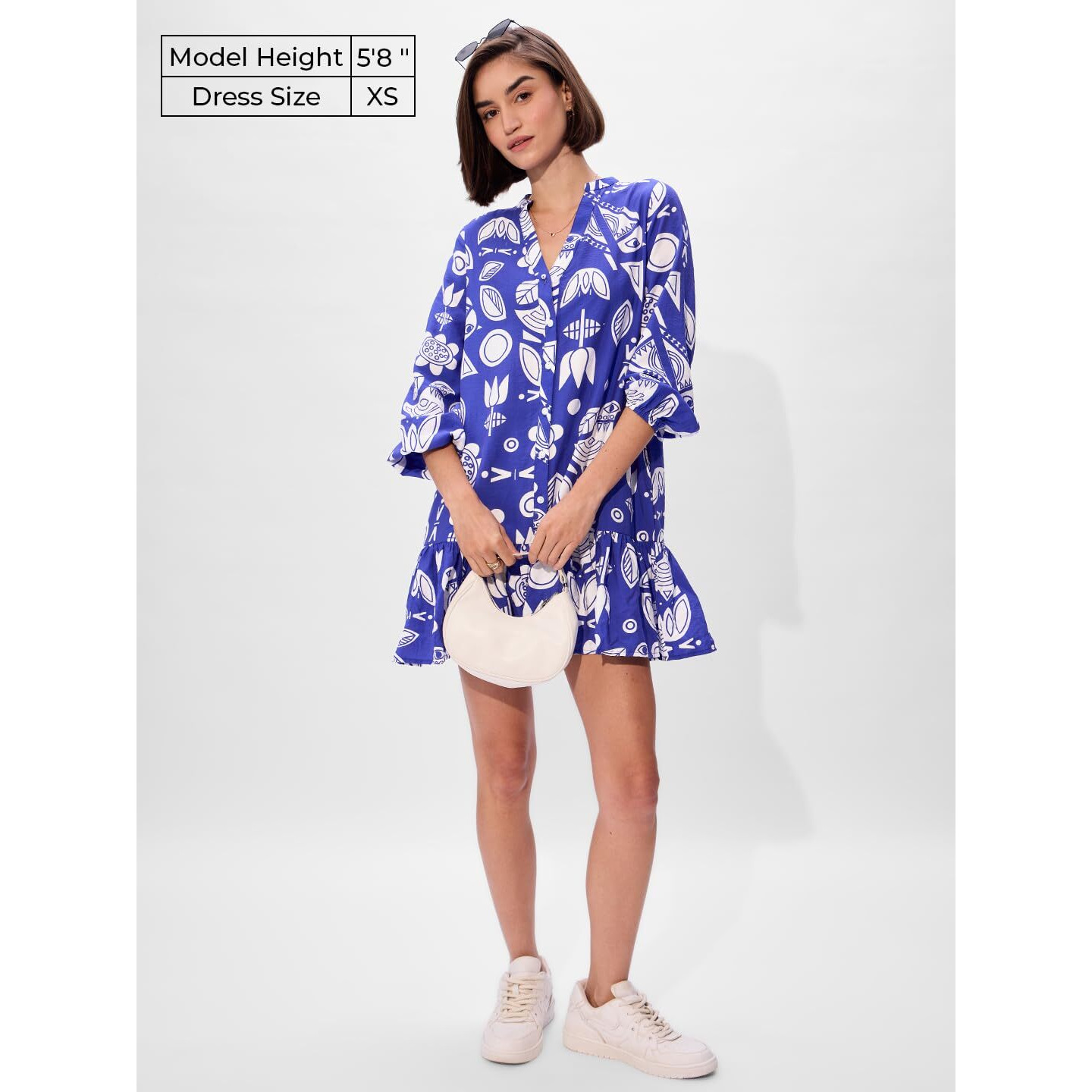 The Souled Store Geometric Pattern Women And Girls Long Sleeves Dress Blue White