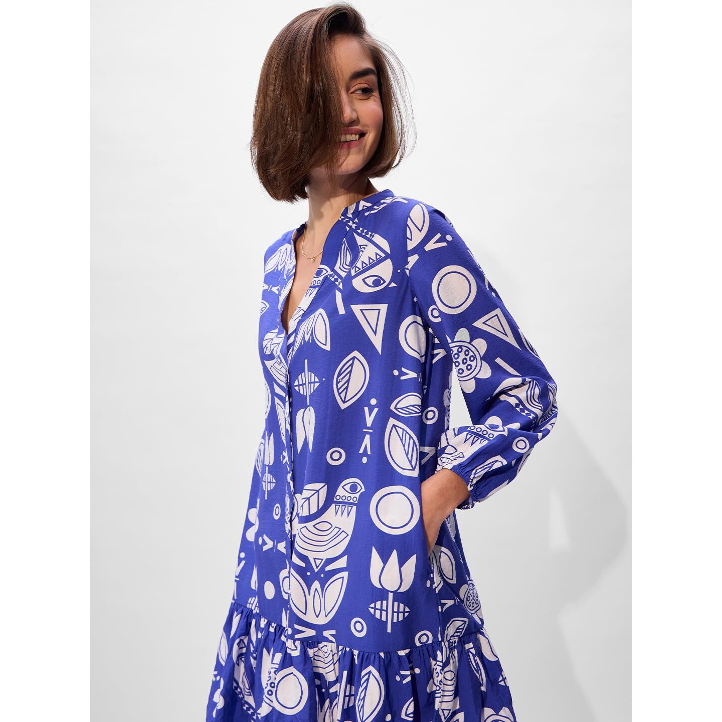 The Souled Store Geometric Pattern Women And Girls Long Sleeves Dress Blue White