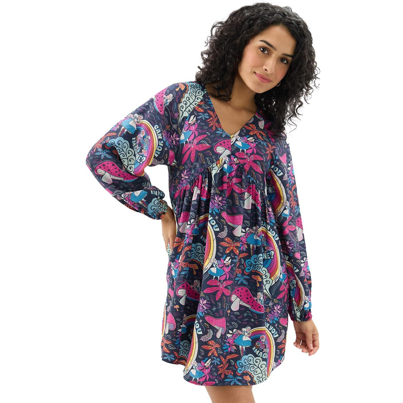 The Souled Store Official Disney Viscose Blend Mushroom Women & Girls Full Sleeves V Neck All Over Printed Mini Dresses Multicolour