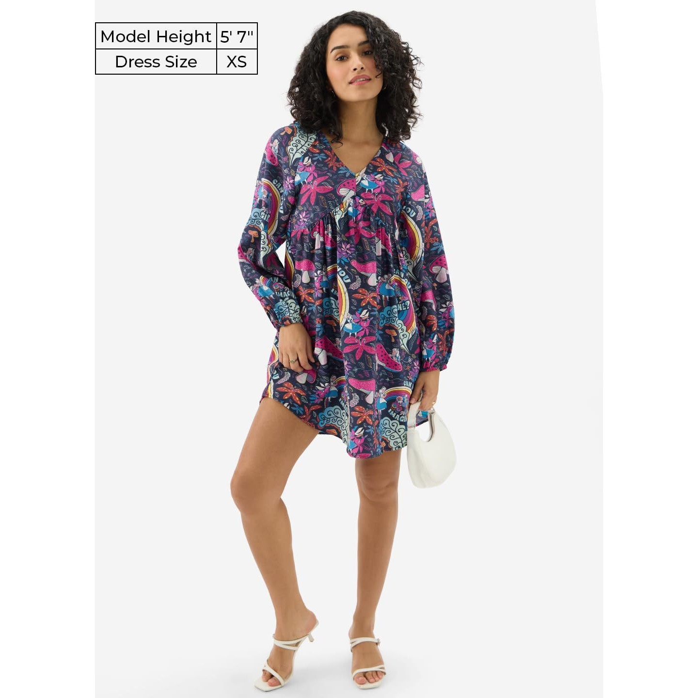 The Souled Store Official Disney Viscose Blend Mushroom Women & Girls Full Sleeves V Neck All Over Printed Mini Dresses Multicolour