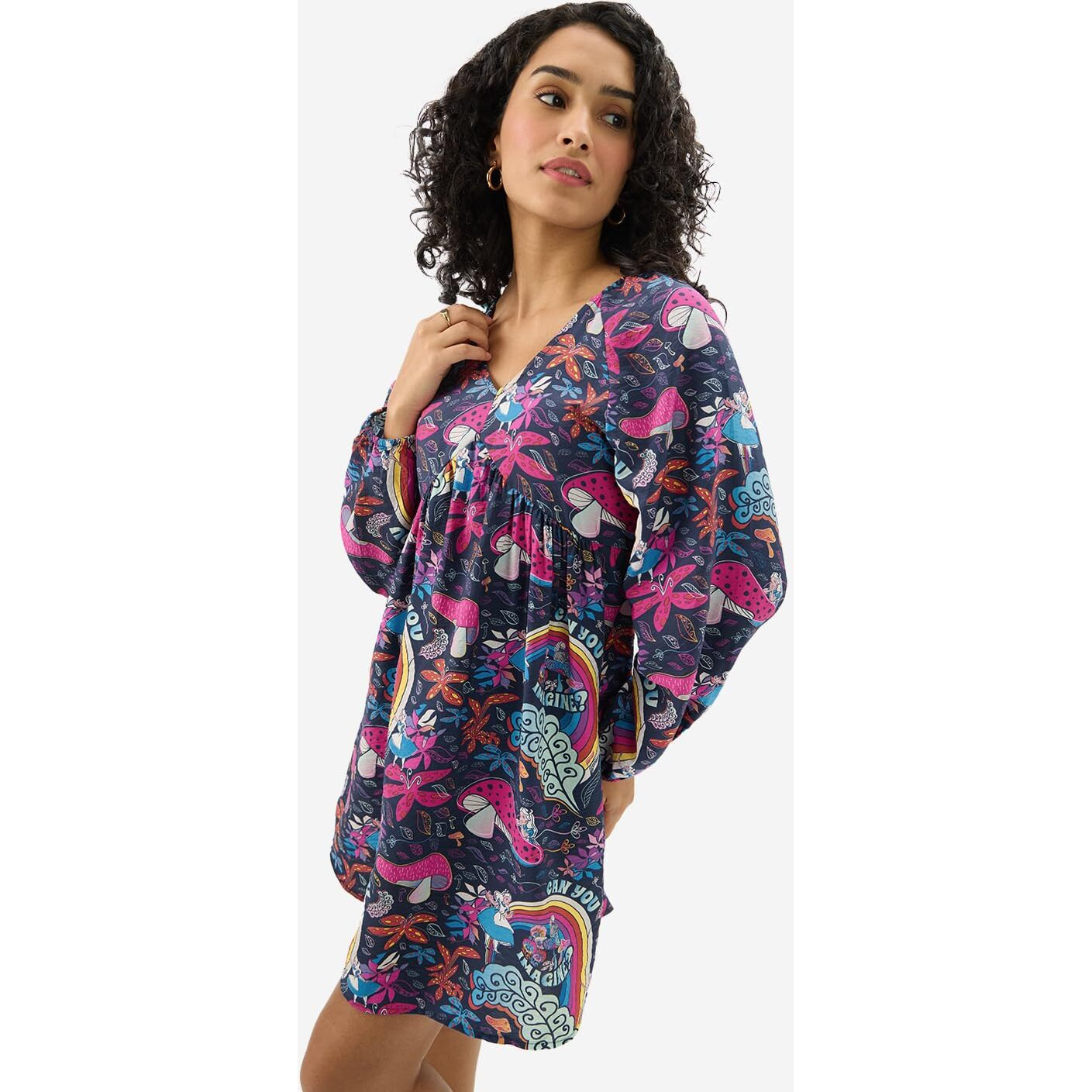 The Souled Store Official Disney Viscose Blend Mushroom Women & Girls Full Sleeves V Neck All Over Printed Mini Dresses Multicolour
