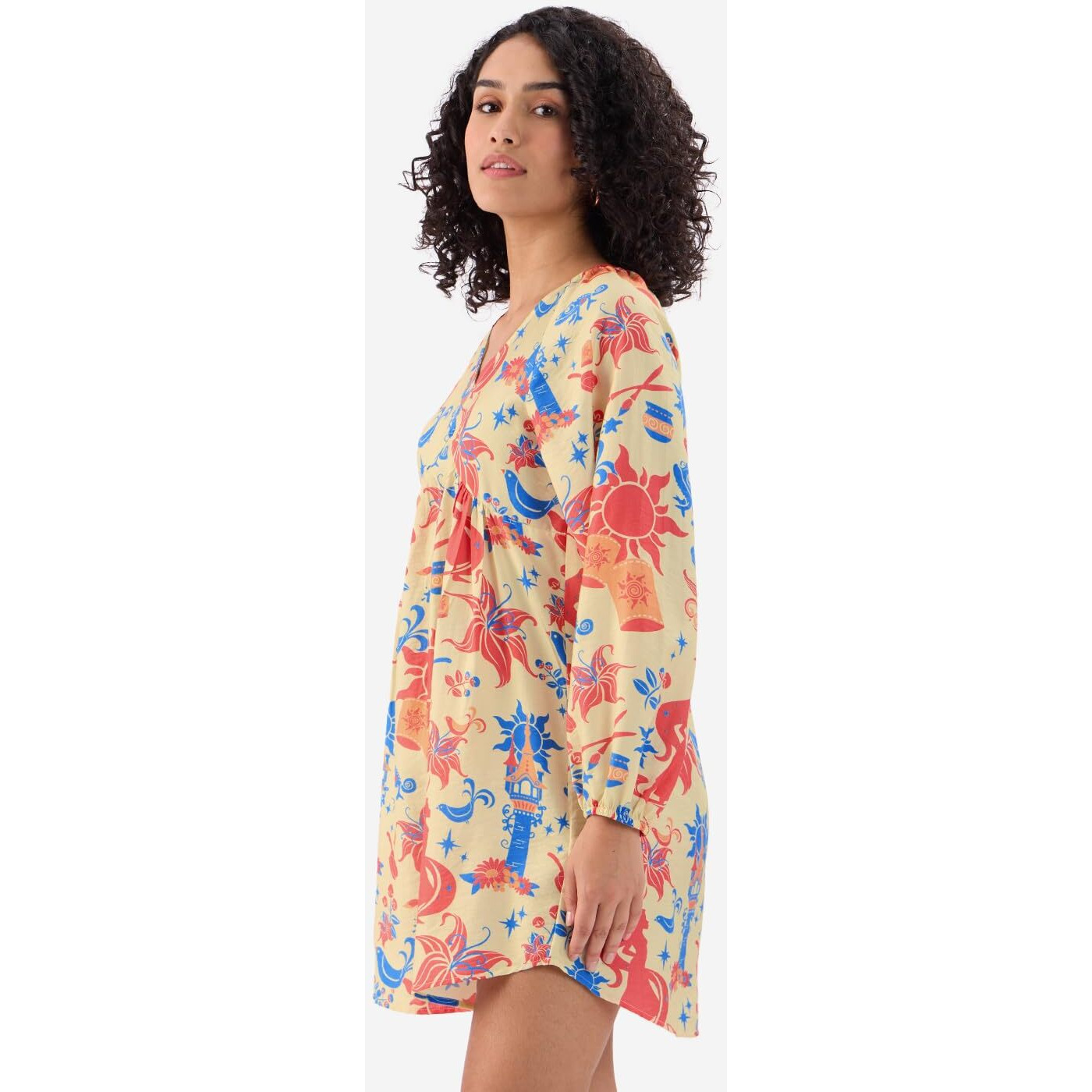 The Souled Store Official Disney Tangled Women And Girls Long Sleeves V Neck Multicolor All Over Printed Viscose Blend Mini Dresses