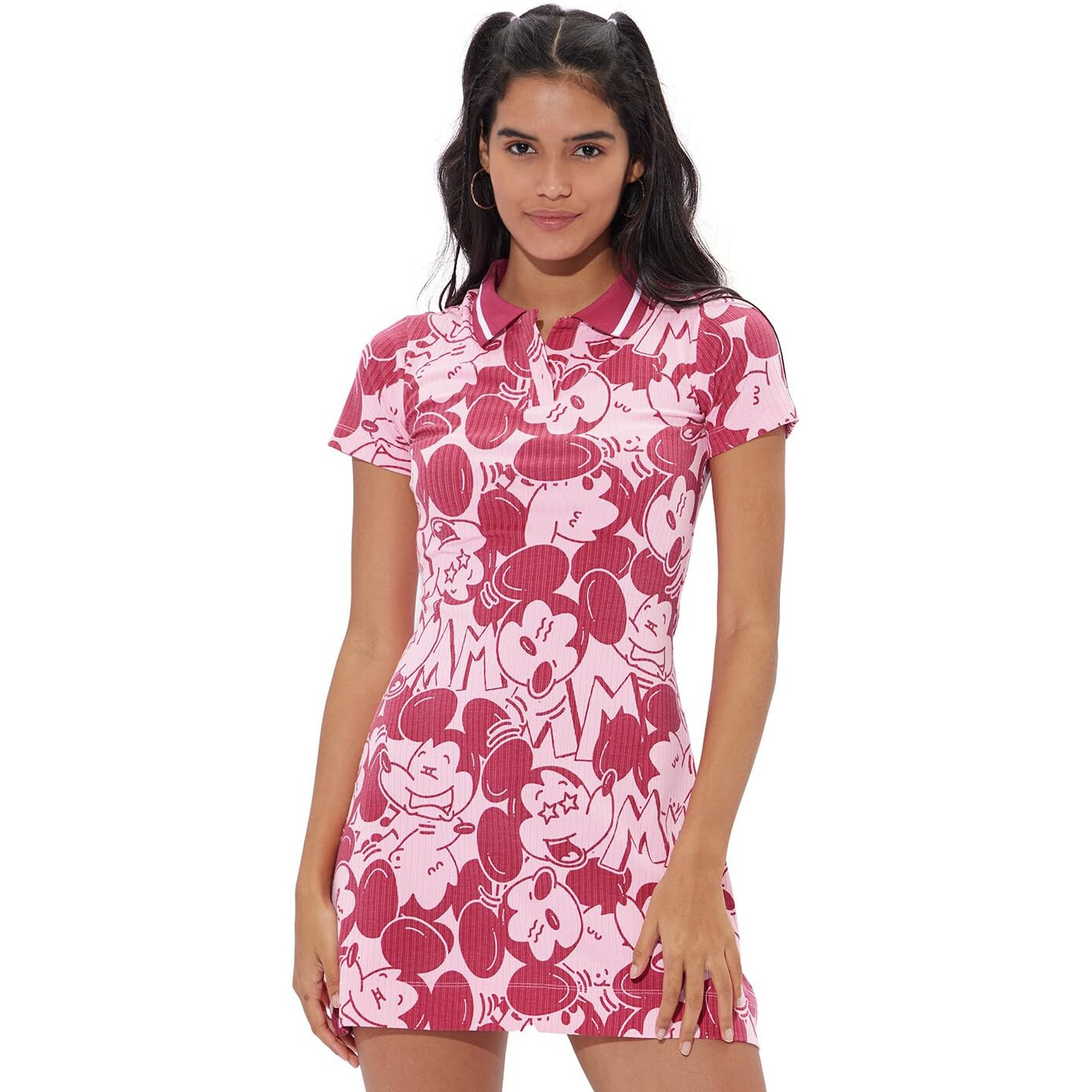 The Souled Store Official Mickey Mouse Expressions Women And Girls Short Sleeves Collared Neck Ribbed Dresses Pink