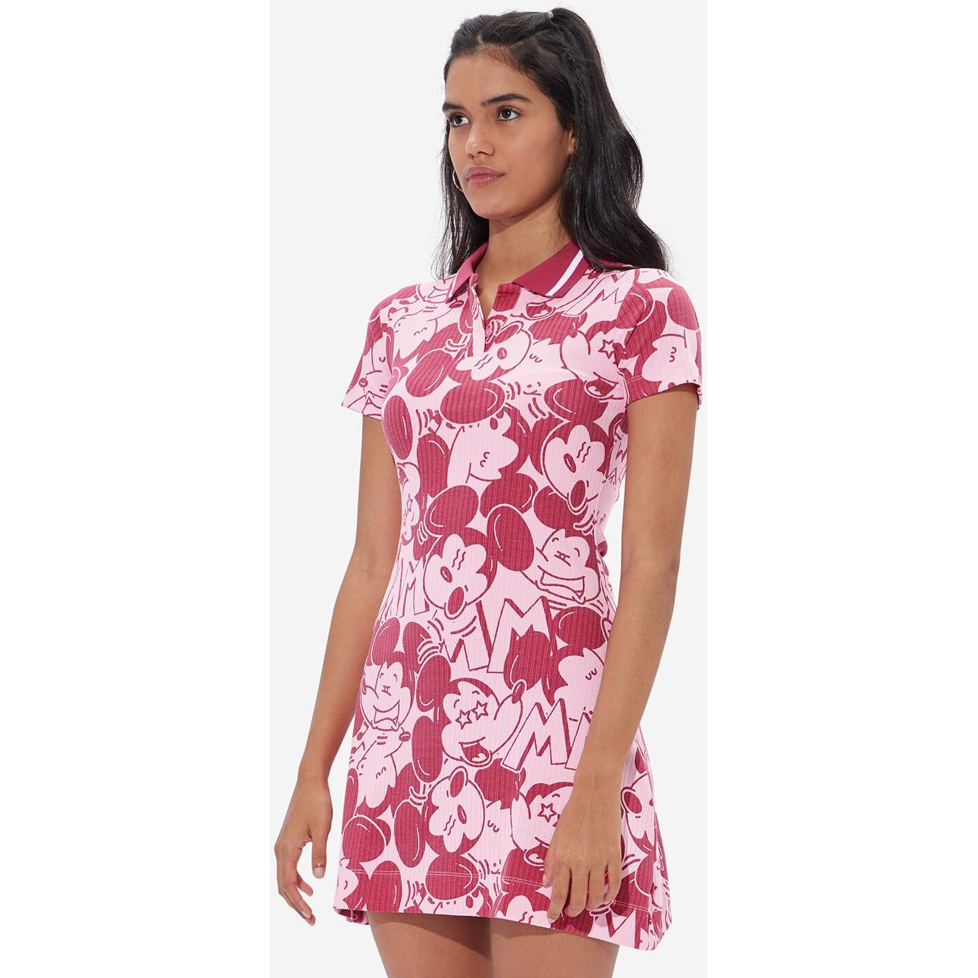 The Souled Store Official Mickey Mouse Expressions Women And Girls Short Sleeves Collared Neck Ribbed Dresses Pink