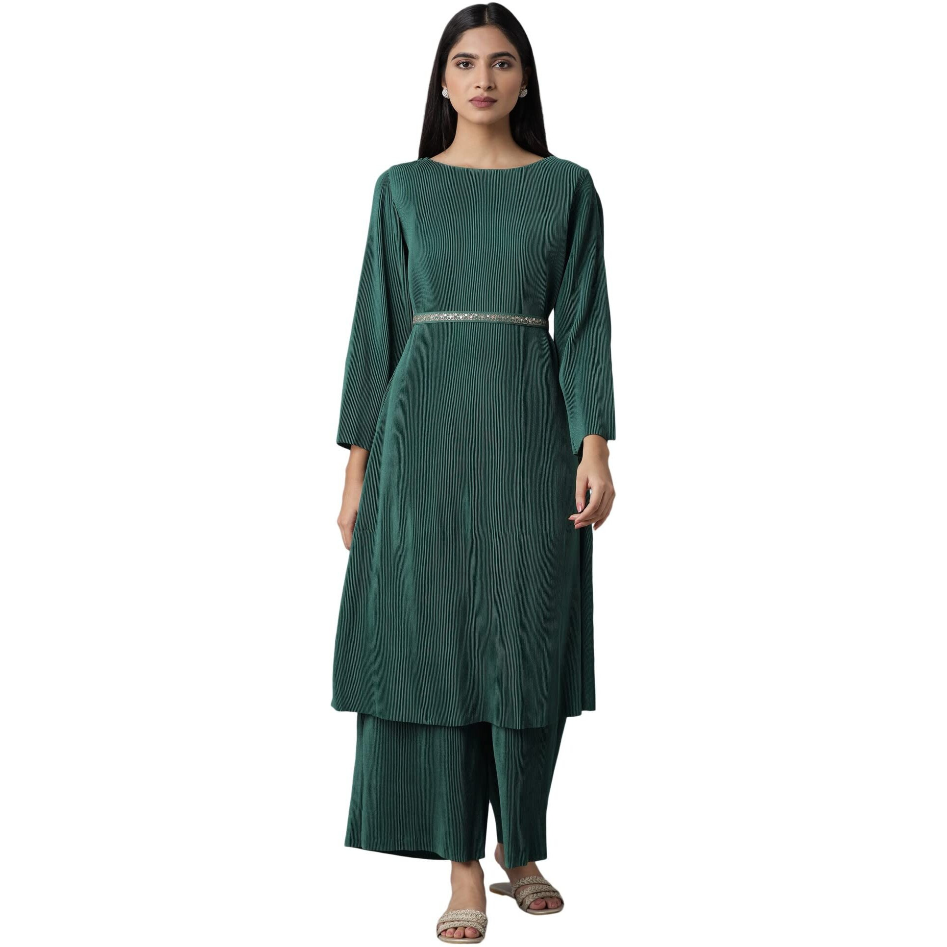 W For Woman Women's 100% Man Made Fiber Kurta & Parallel Pant (21Auws16624-117394_Deep Green_S)