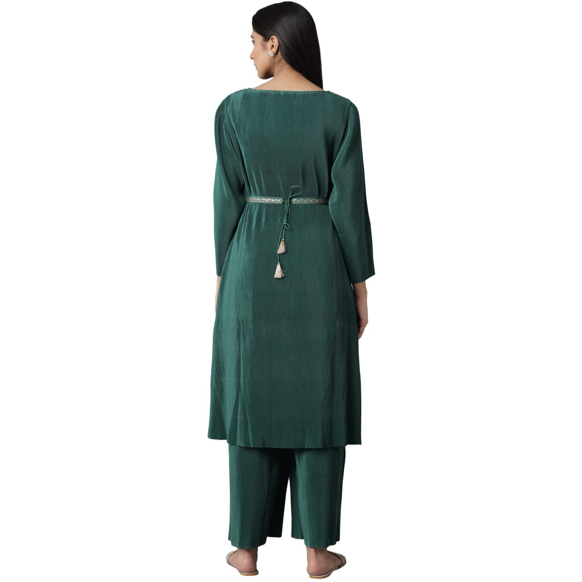 W For Woman Women's 100% Man Made Fiber Kurta & Parallel Pant (21Auws16624-117394_Deep Green_S)