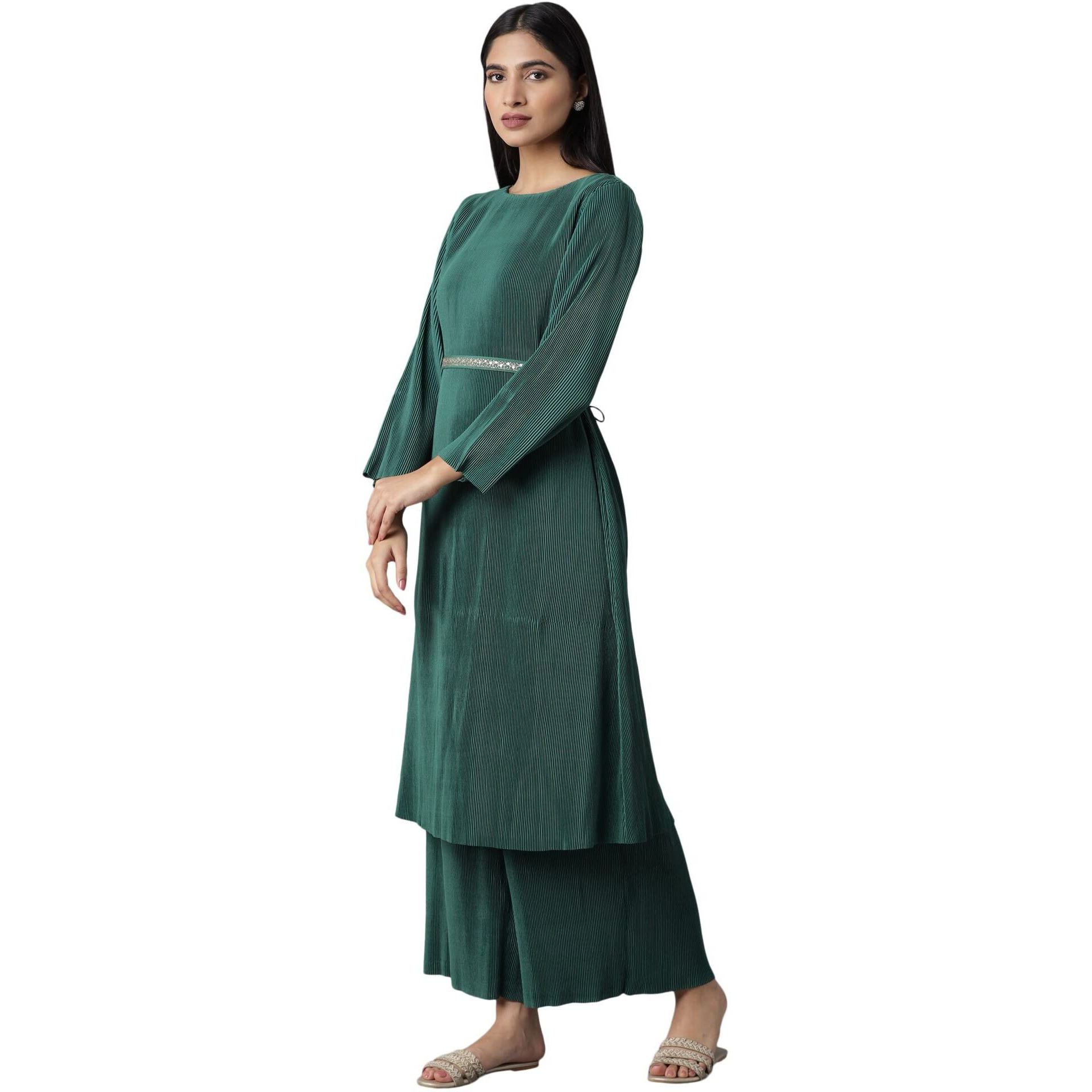 W For Woman Women's 100% Man Made Fiber Kurta & Parallel Pant (21Auws16624-117394_Deep Green_S)