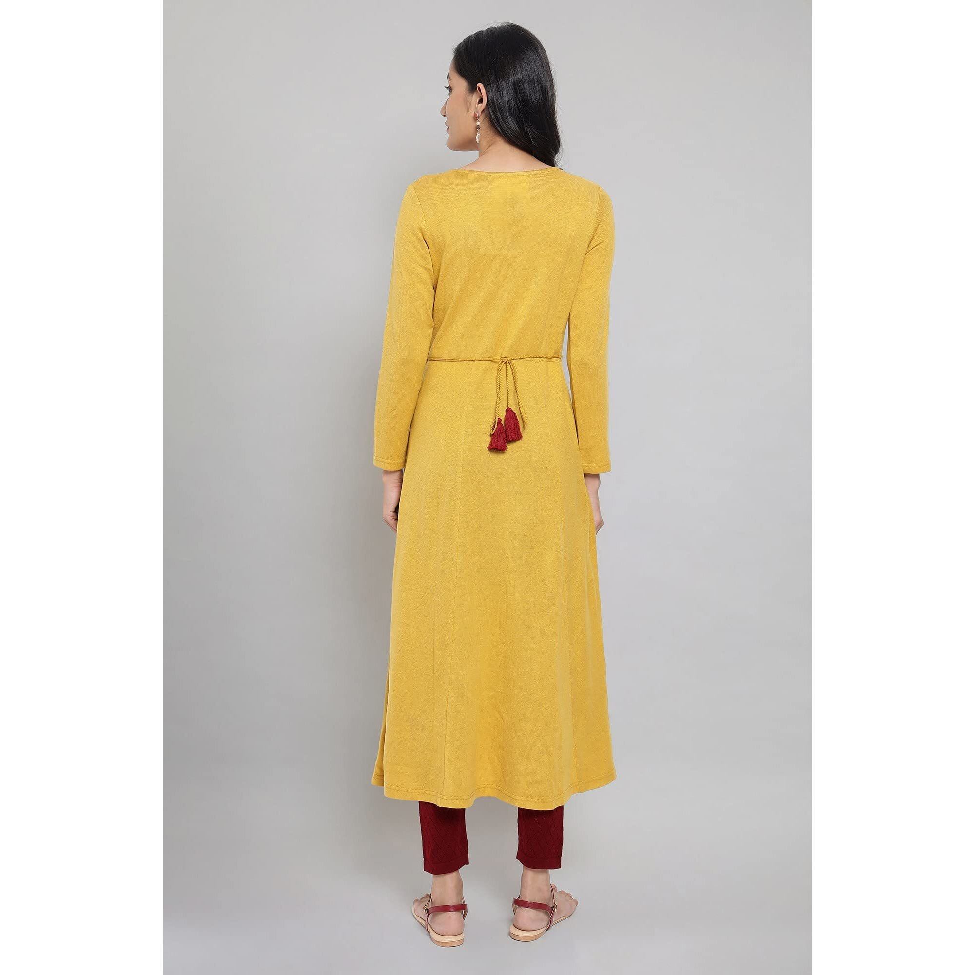 Aurelia Women's Cotton Blend Yellow Acrylic Dress With Embroidery Below The Knee (21Noa12796-702287 S)