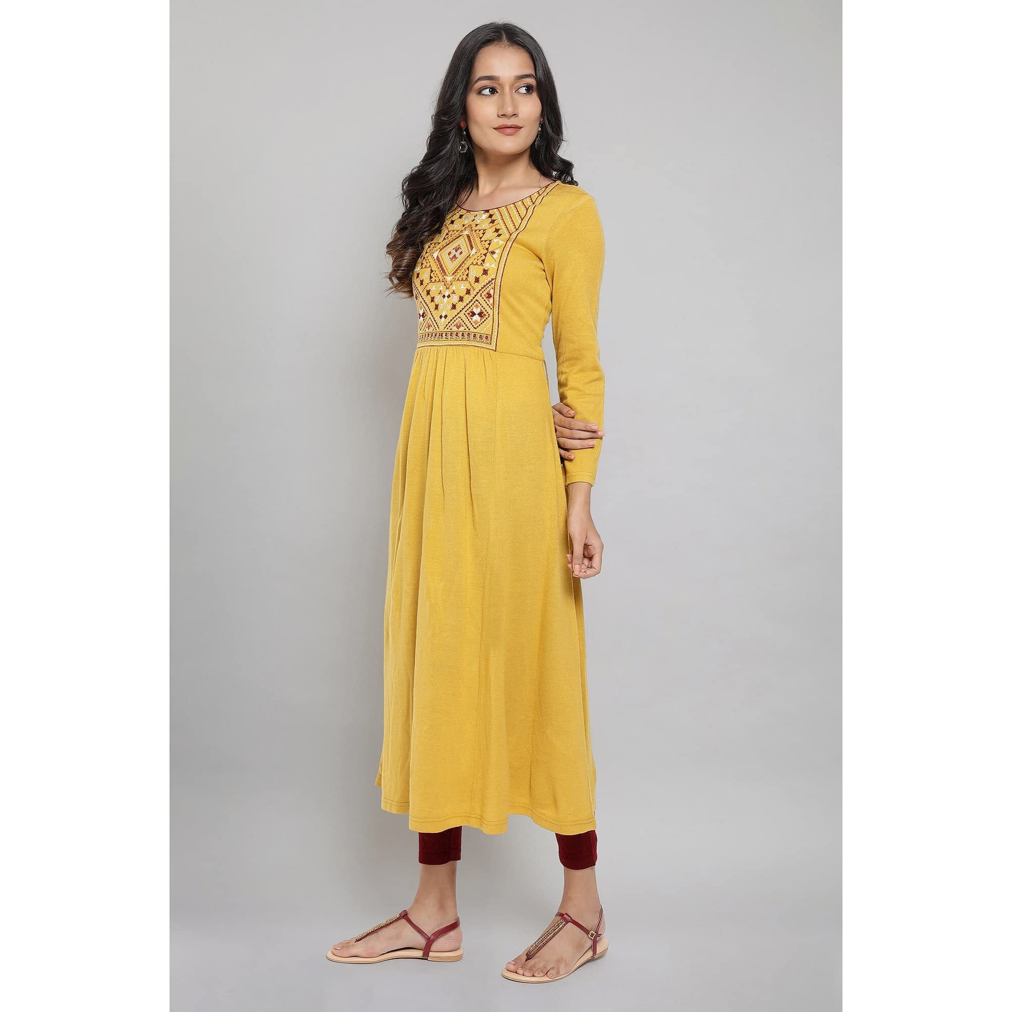 Aurelia Women's Cotton Blend Yellow Acrylic Dress With Embroidery Below The Knee (21Noa12796-702287 S)
