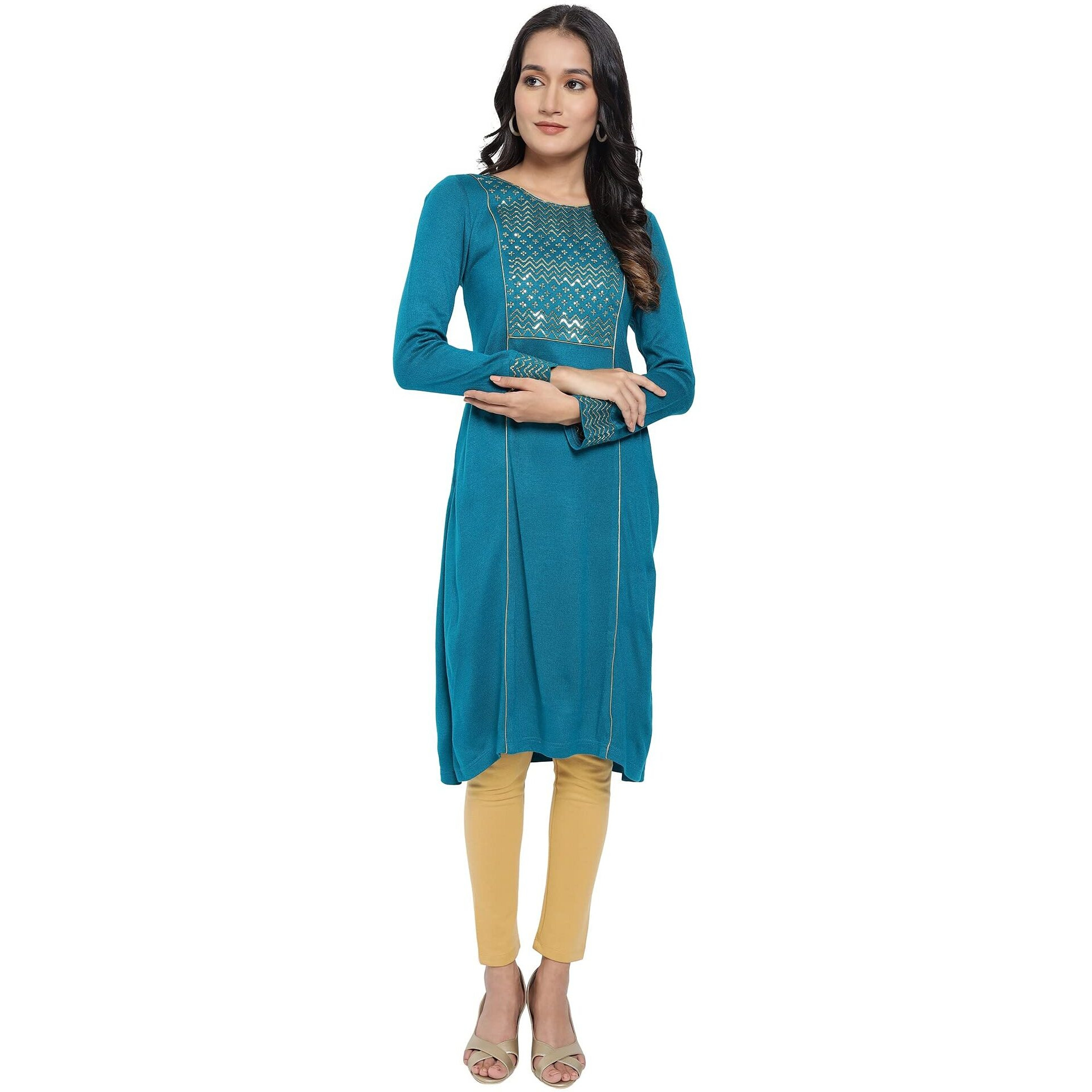 Aurelia Women's Cotton Blend Solid Regular Kurta (21Noa12473-702463_Teal_L)