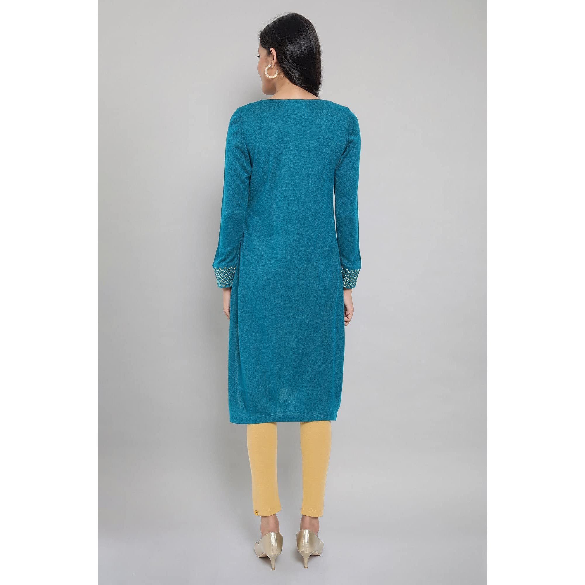 Aurelia Women's Cotton Blend Solid Regular Kurta (21Noa12473-702463_Teal_L)