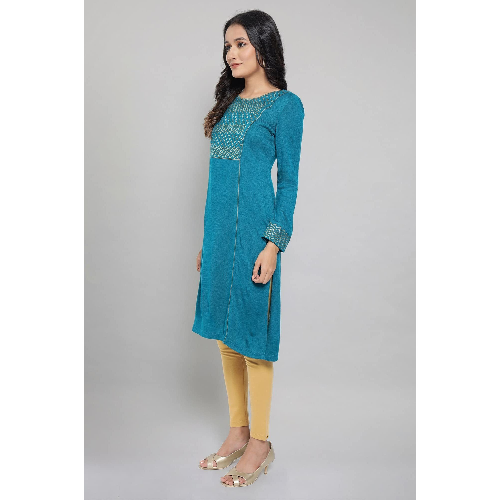 Aurelia Women's Cotton Blend Solid Regular Kurta (21Noa12473-702463_Teal_L)