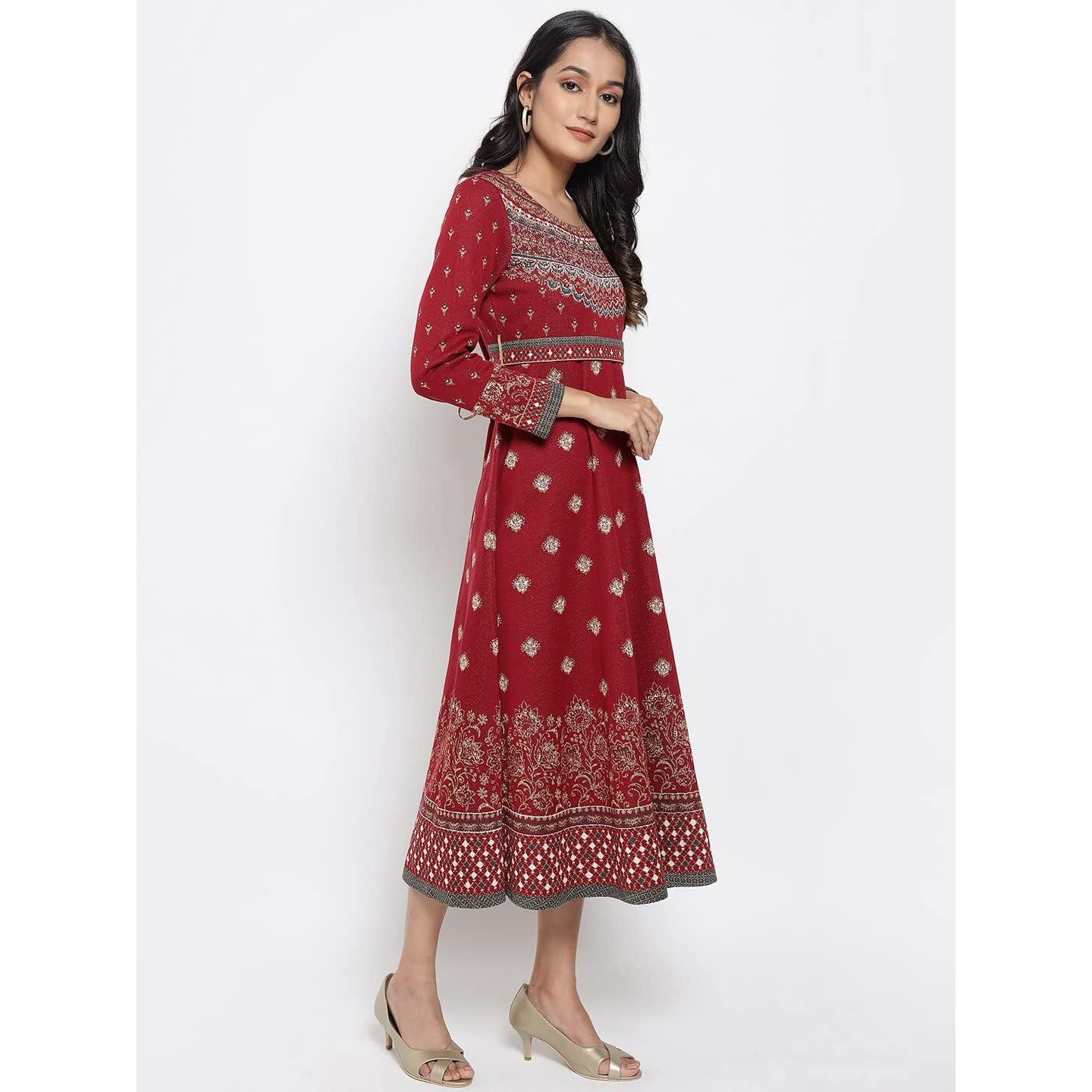 Aurelia Women's Polyester Blend Red Jacquard Dress Below The Knee (21Noa12751-702424 M)