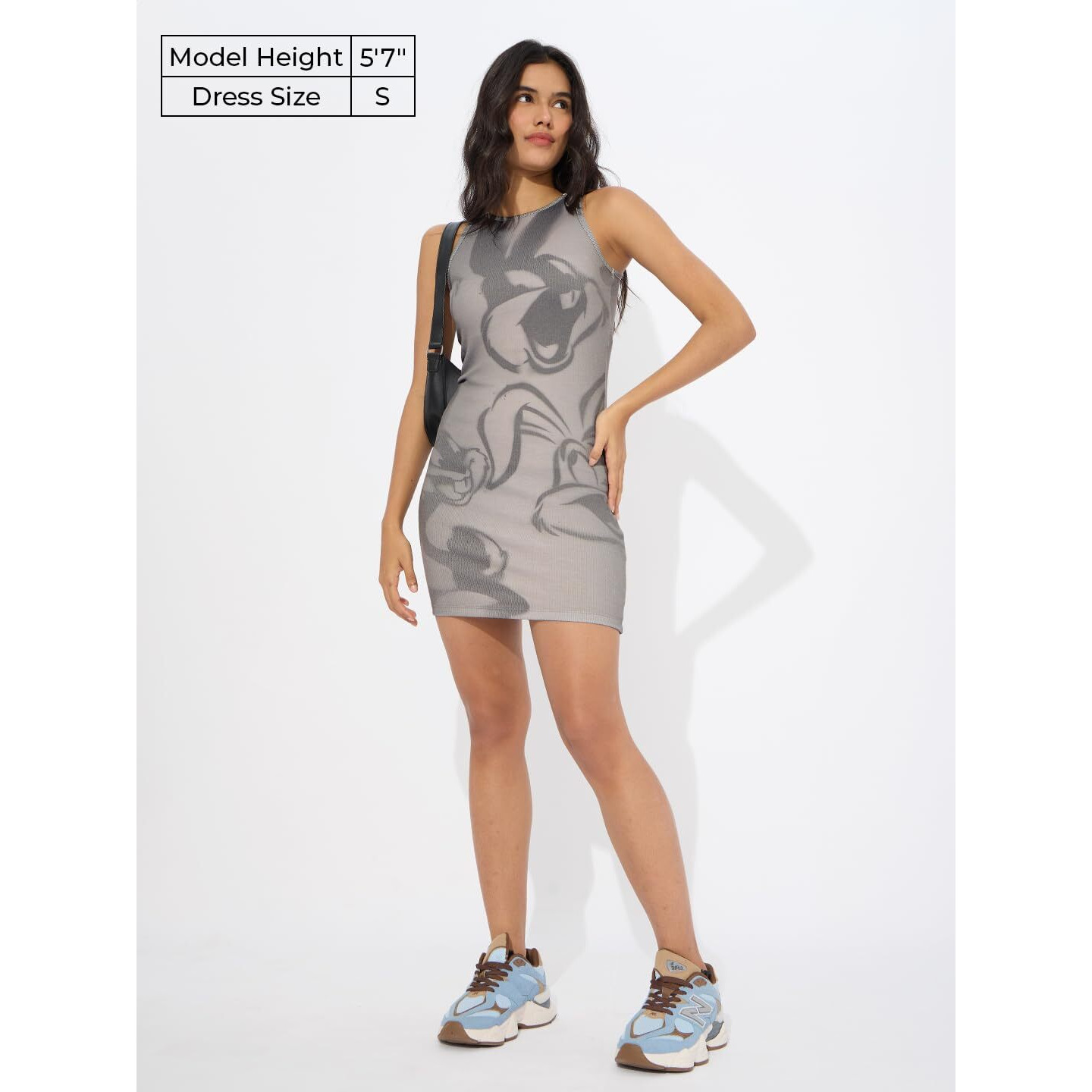The Souled Store Official Looney Tunes Bunny Spray Women And Girls Round Neck Sleeveless Grey Polyester Blend Ribbed Bodycon Dresses
