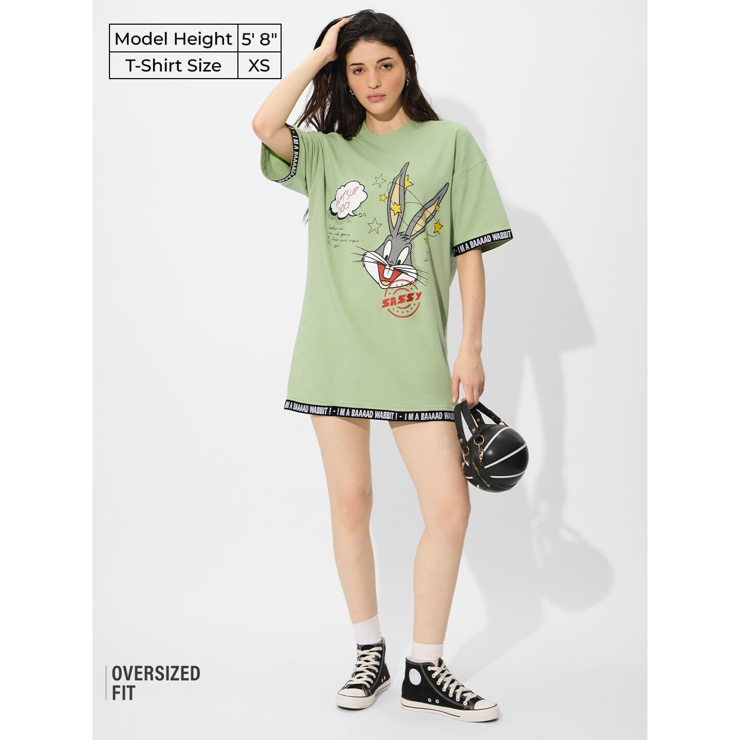 The Souled Store Bugs Bunny Sassy Women And Girls Short Sleeves Round Neck Green Graphic Printed Cotton Oversized Mini T-Shirt Dresses