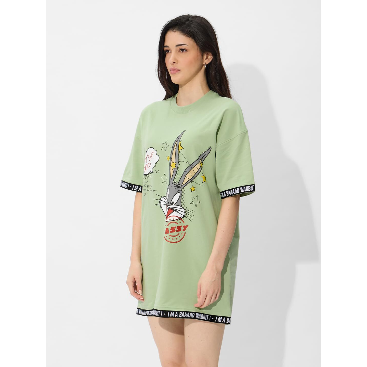 The Souled Store Bugs Bunny Sassy Women And Girls Short Sleeves Round Neck Green Graphic Printed Cotton Oversized Mini T-Shirt Dresses