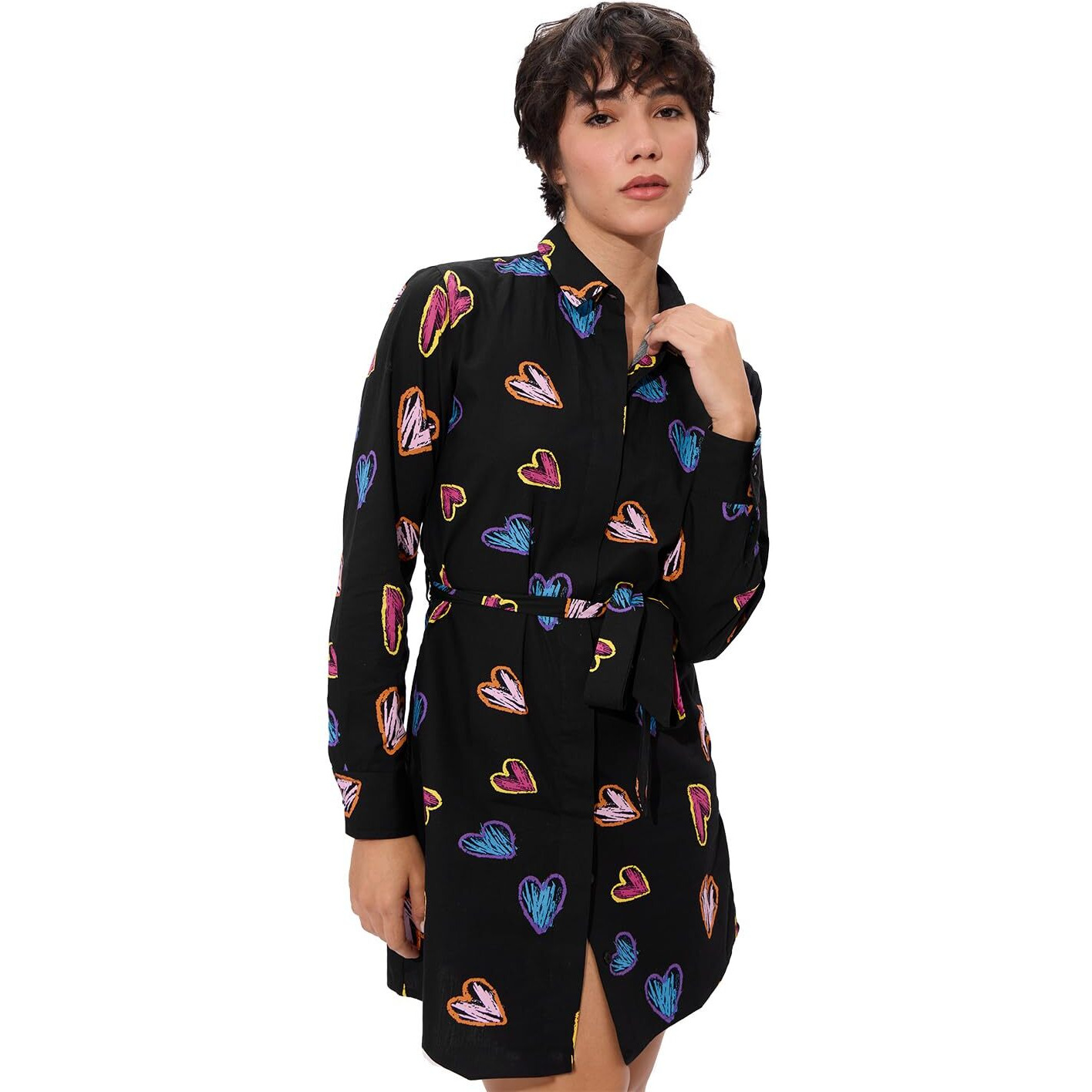 The Souled Store Hearts Women And Girls Long Sleeves Collared Neck Button Front Viscose Blend All Over Printed Shirt Dresses Black