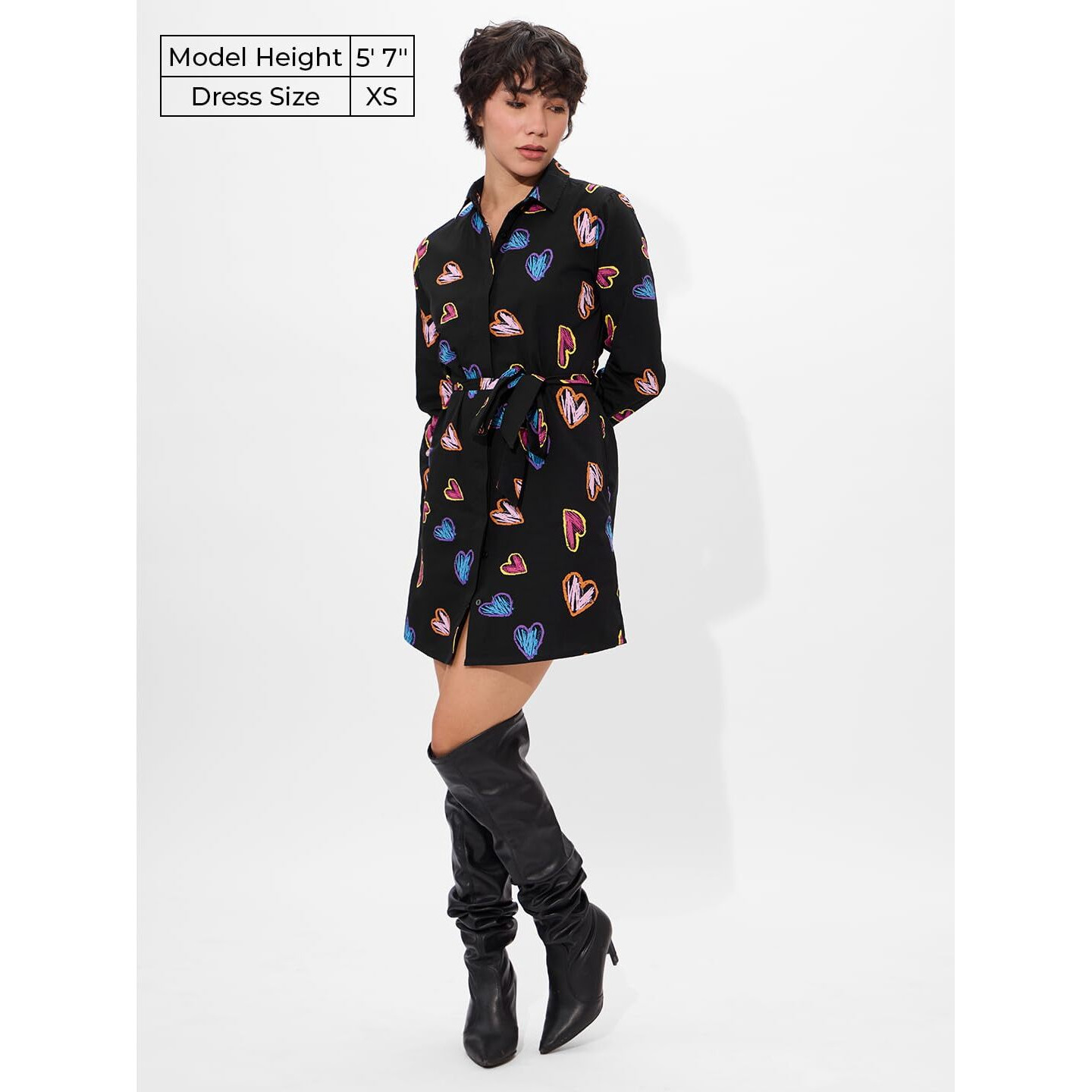 The Souled Store Hearts Women And Girls Long Sleeves Collared Neck Button Front Viscose Blend All Over Printed Shirt Dresses Black