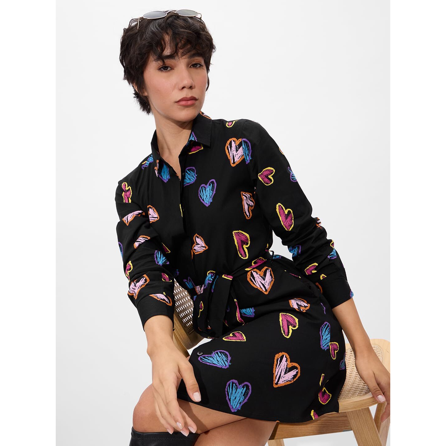 The Souled Store Hearts Women And Girls Long Sleeves Collared Neck Button Front Viscose Blend All Over Printed Shirt Dresses Black