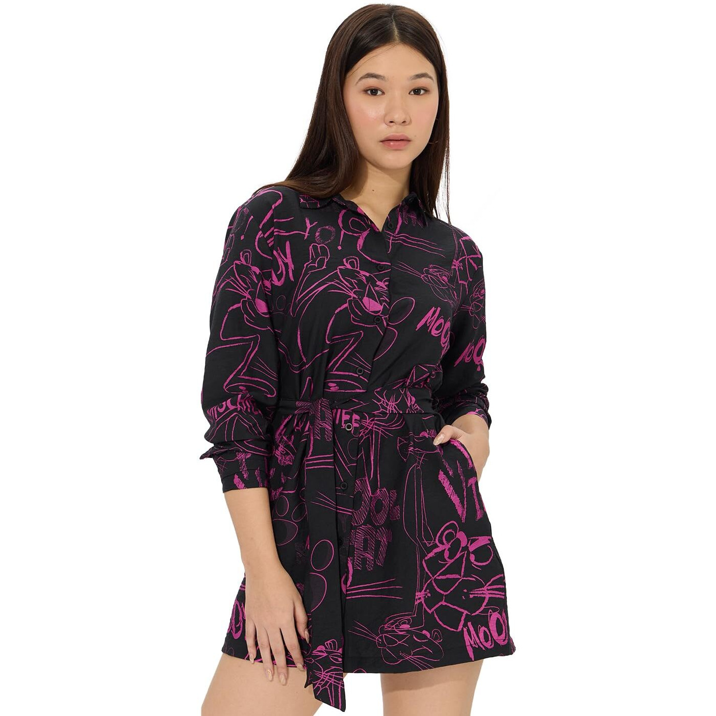 The Souled Store Official Pink Panther So Pink Women And Girls Long Sleeves Collared Neck Button Front Viscose Blend All Over Printed Shirt Dresses