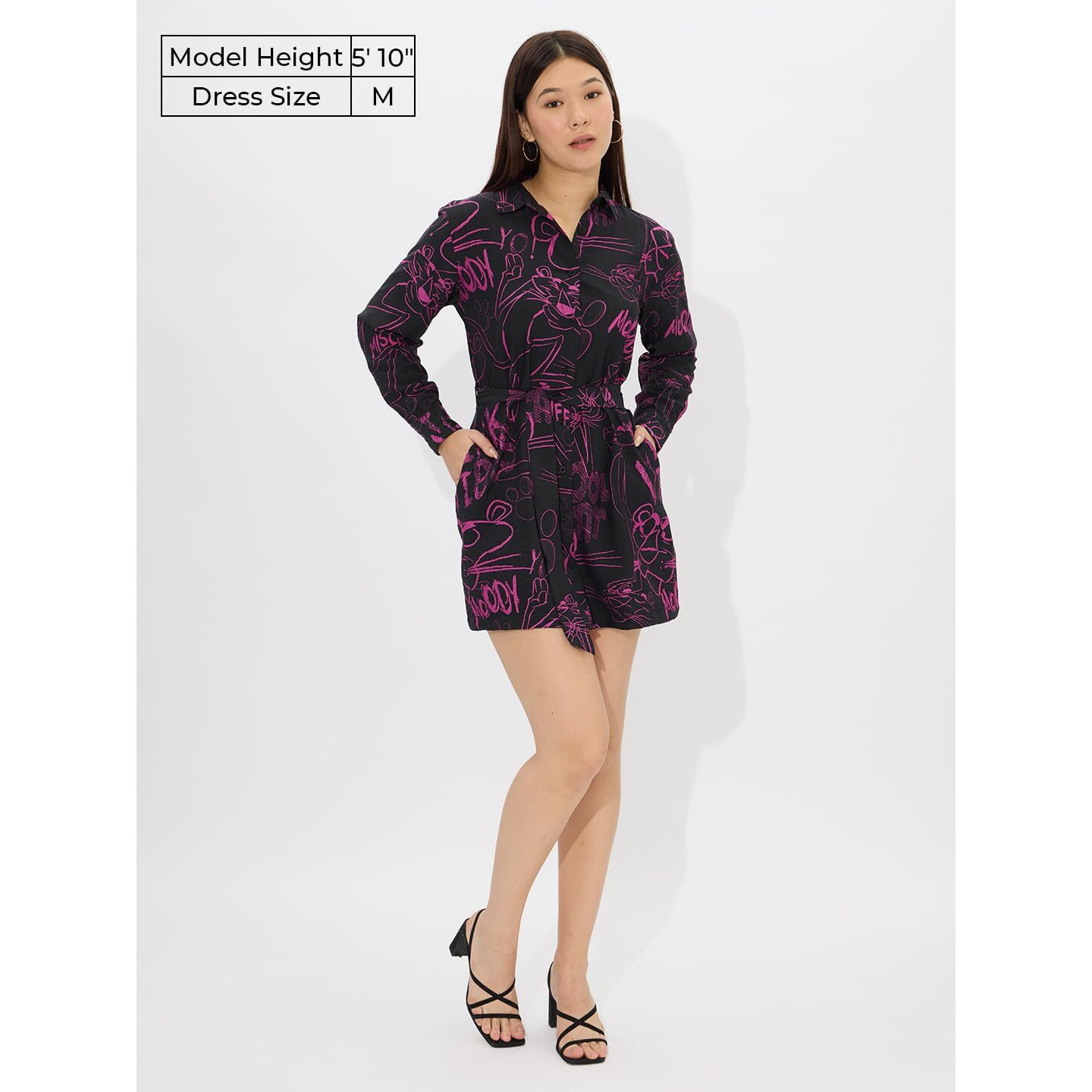 The Souled Store Official Pink Panther So Pink Women And Girls Long Sleeves Collared Neck Button Front Viscose Blend All Over Printed Shirt Dresses