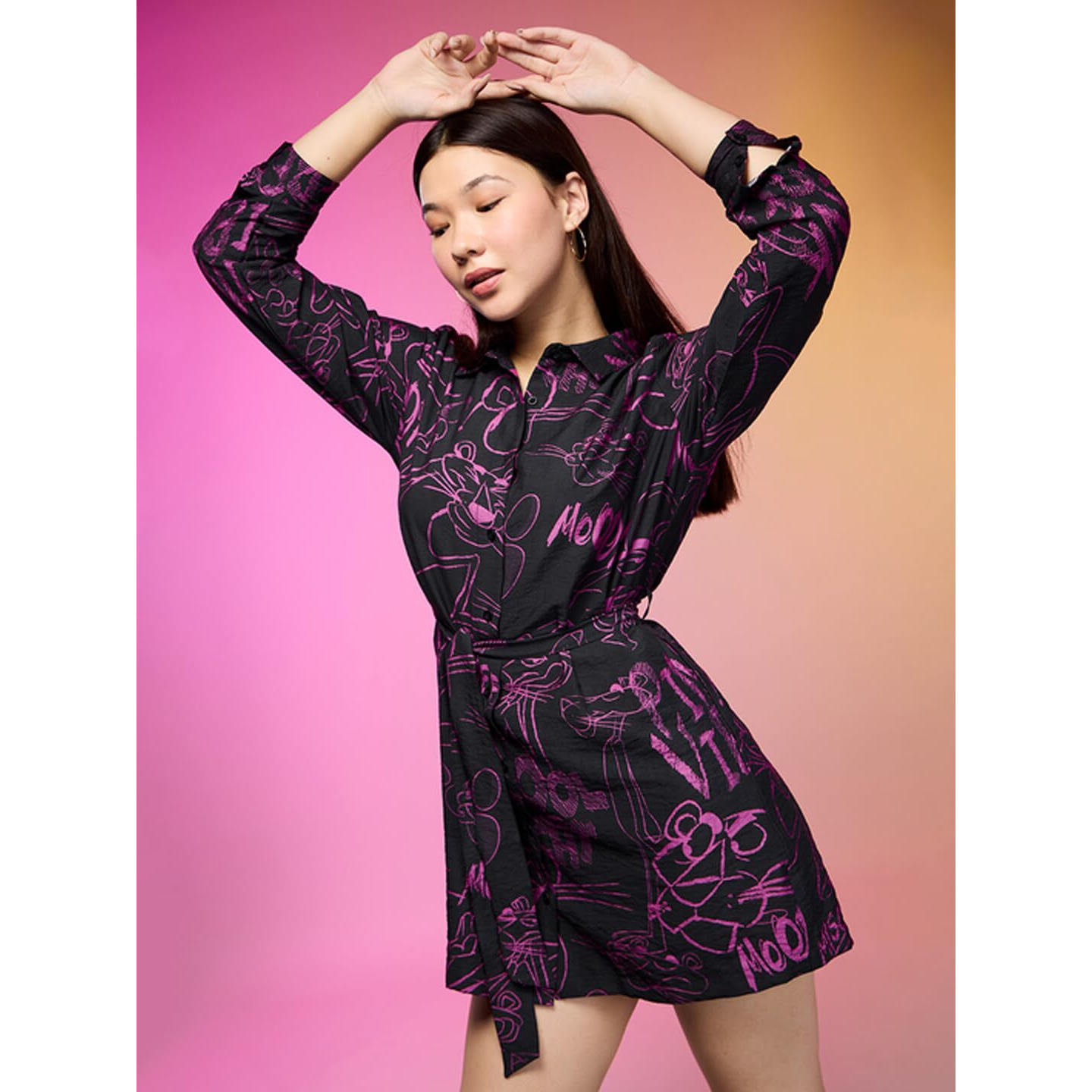 The Souled Store Official Pink Panther So Pink Women And Girls Long Sleeves Collared Neck Button Front Viscose Blend All Over Printed Shirt Dresses