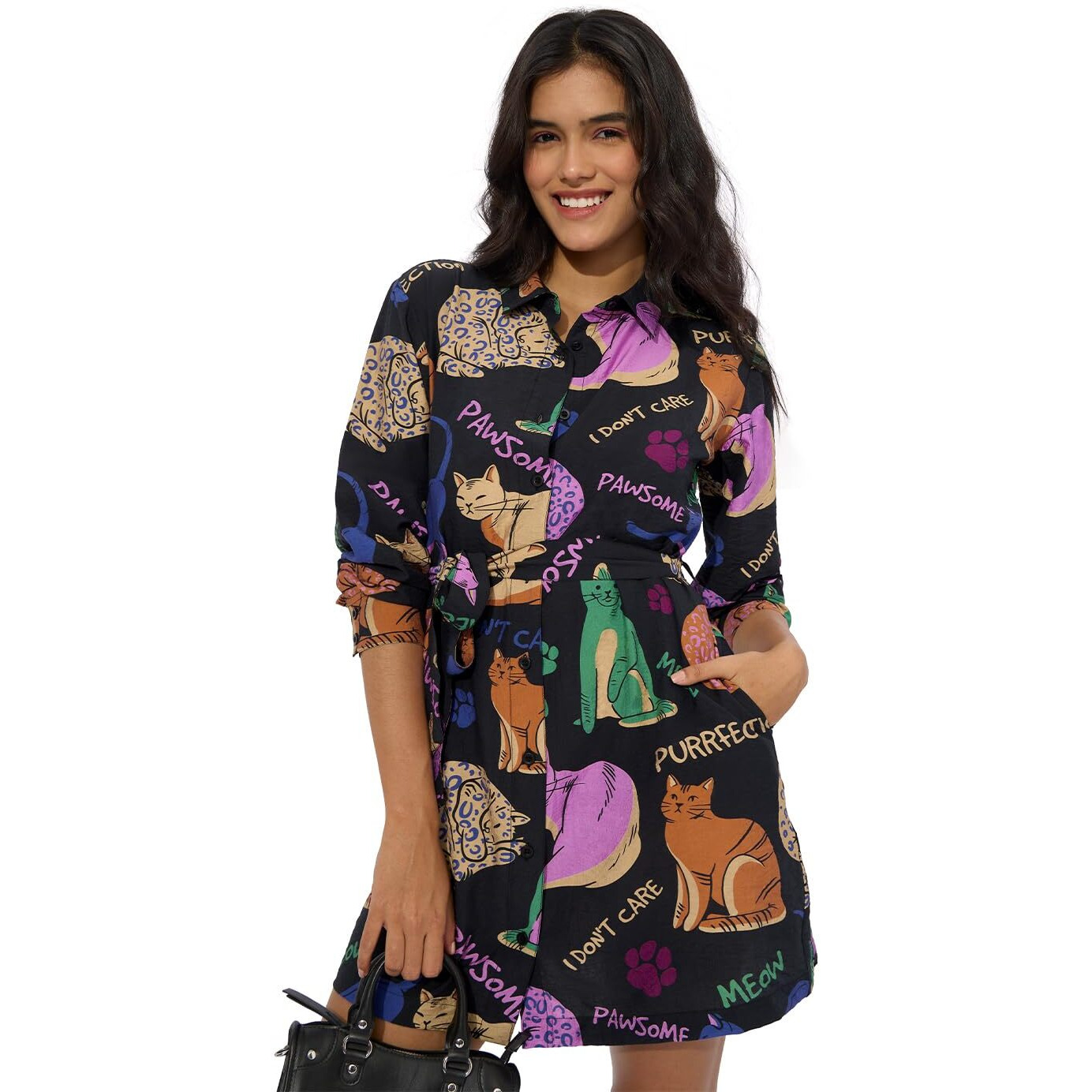 The Souled Store Bad Kitty Women And Girls Long Sleeves Collared Neck Button Front Viscose Blend All Over Printed Shirt Dresses Black
