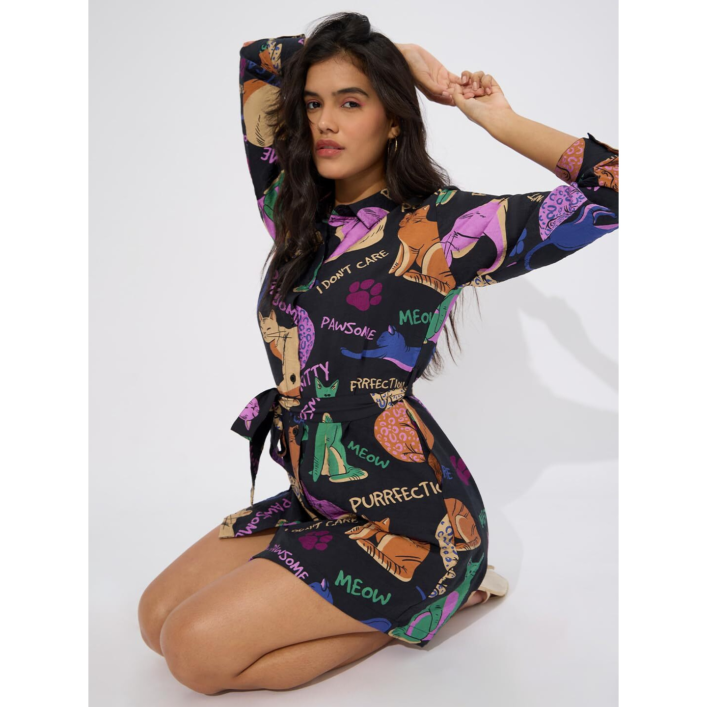 The Souled Store Bad Kitty Women And Girls Long Sleeves Collared Neck Button Front Viscose Blend All Over Printed Shirt Dresses Black