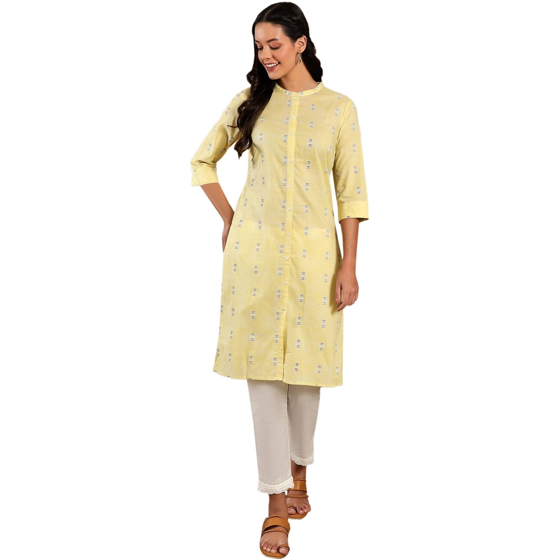 W Light Green Geometric Printed Cotton Regular Kurta For Women
