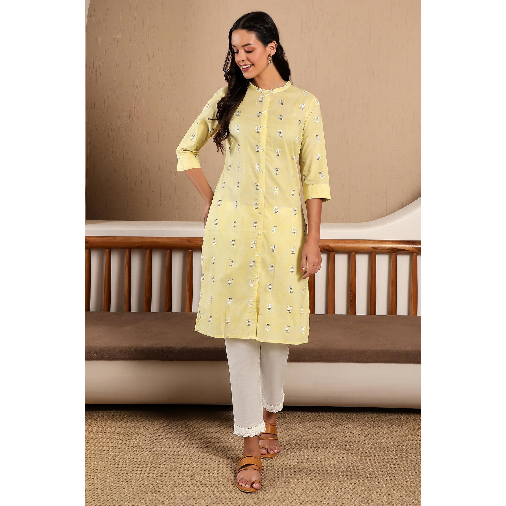 W Light Green Geometric Printed Cotton Regular Kurta For Women