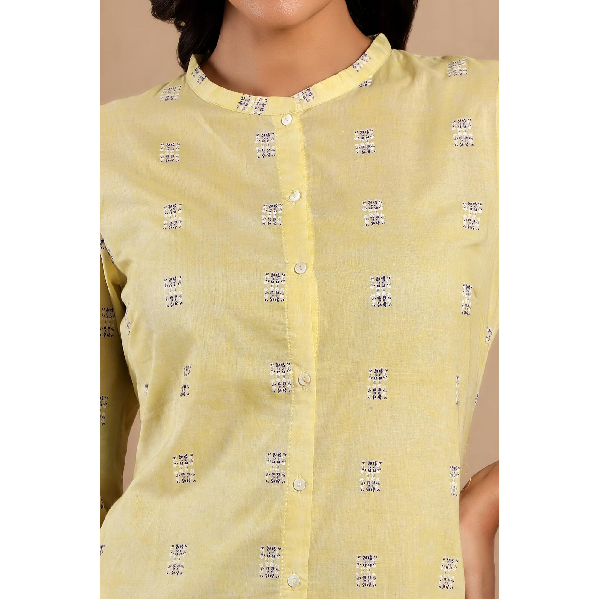 W Light Green Geometric Printed Cotton Regular Kurta For Women