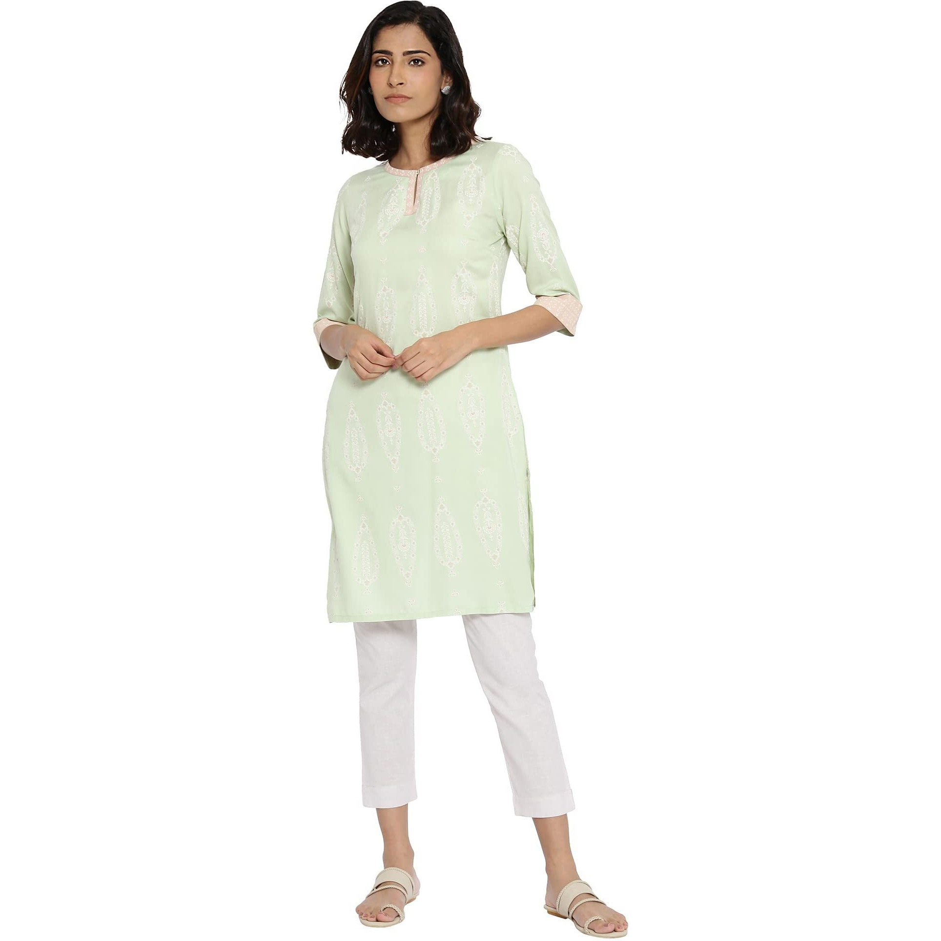 W For Woman Women's Viscose Regular Kurta (21Auw17167-117889_Tea Green_16)