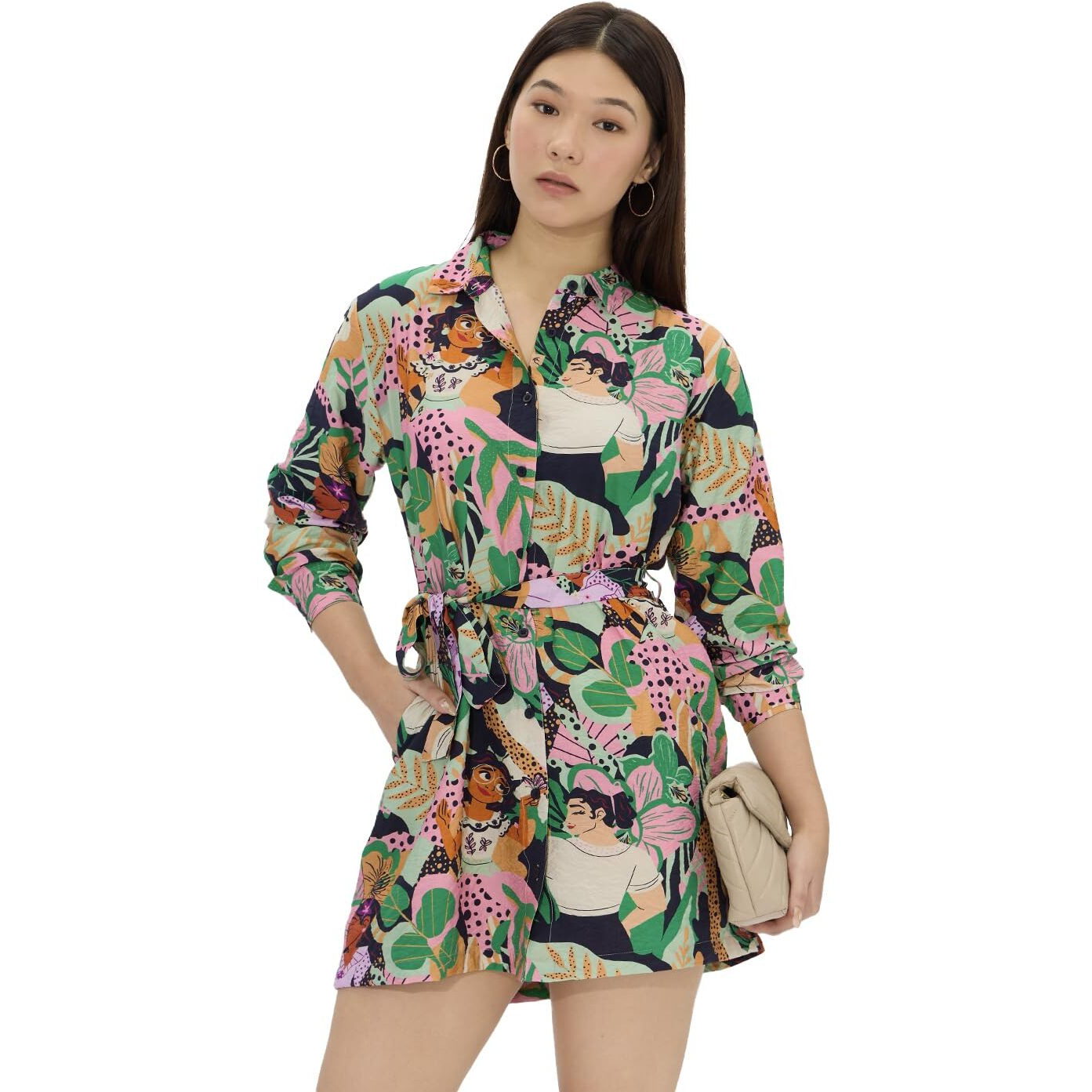 The Souled Store Official Disney Encanto Women And Girls Long Sleeves Collared Neck Button Front Viscose Blend All Over Printed Shirt Dresses Multicolour