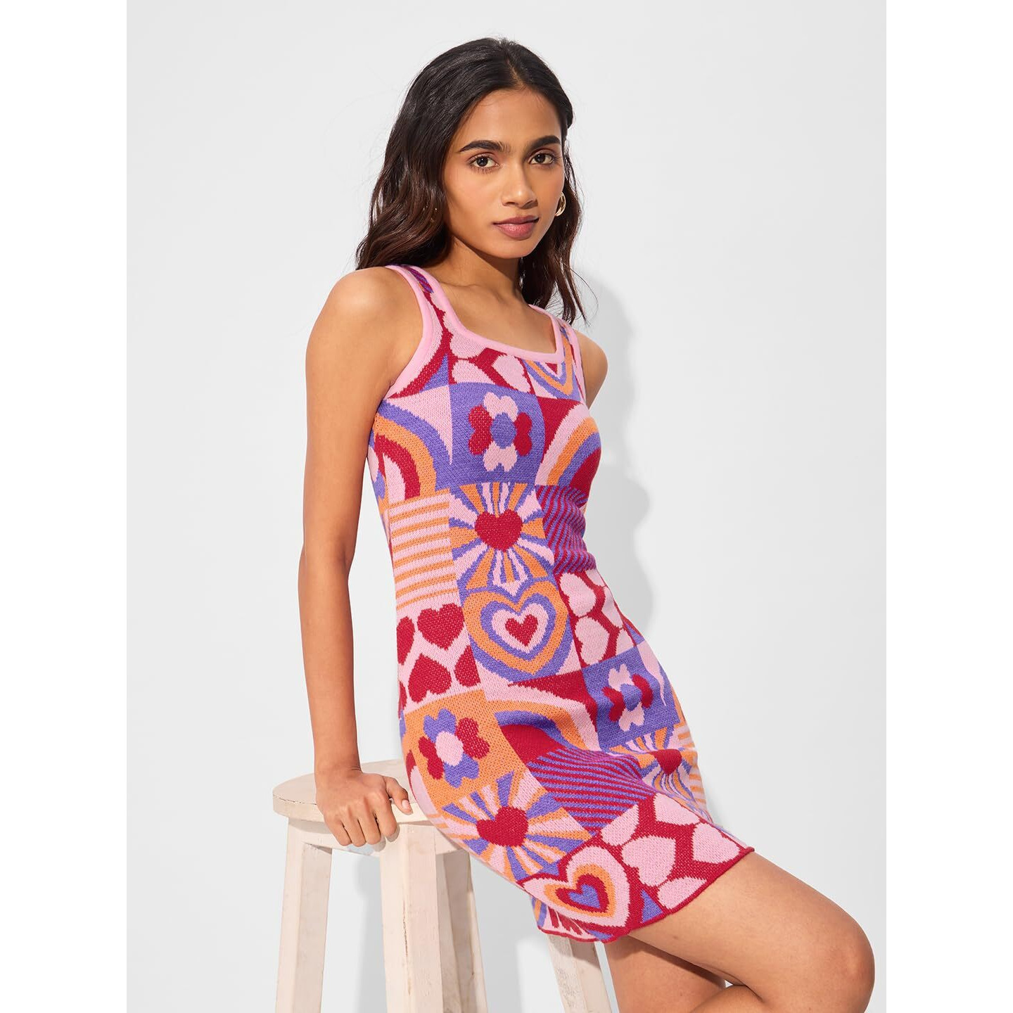 The Souled Store Jacquard Knit Dress Heart Maze Women And Girls Sleeveless Acrylic Knit Dress