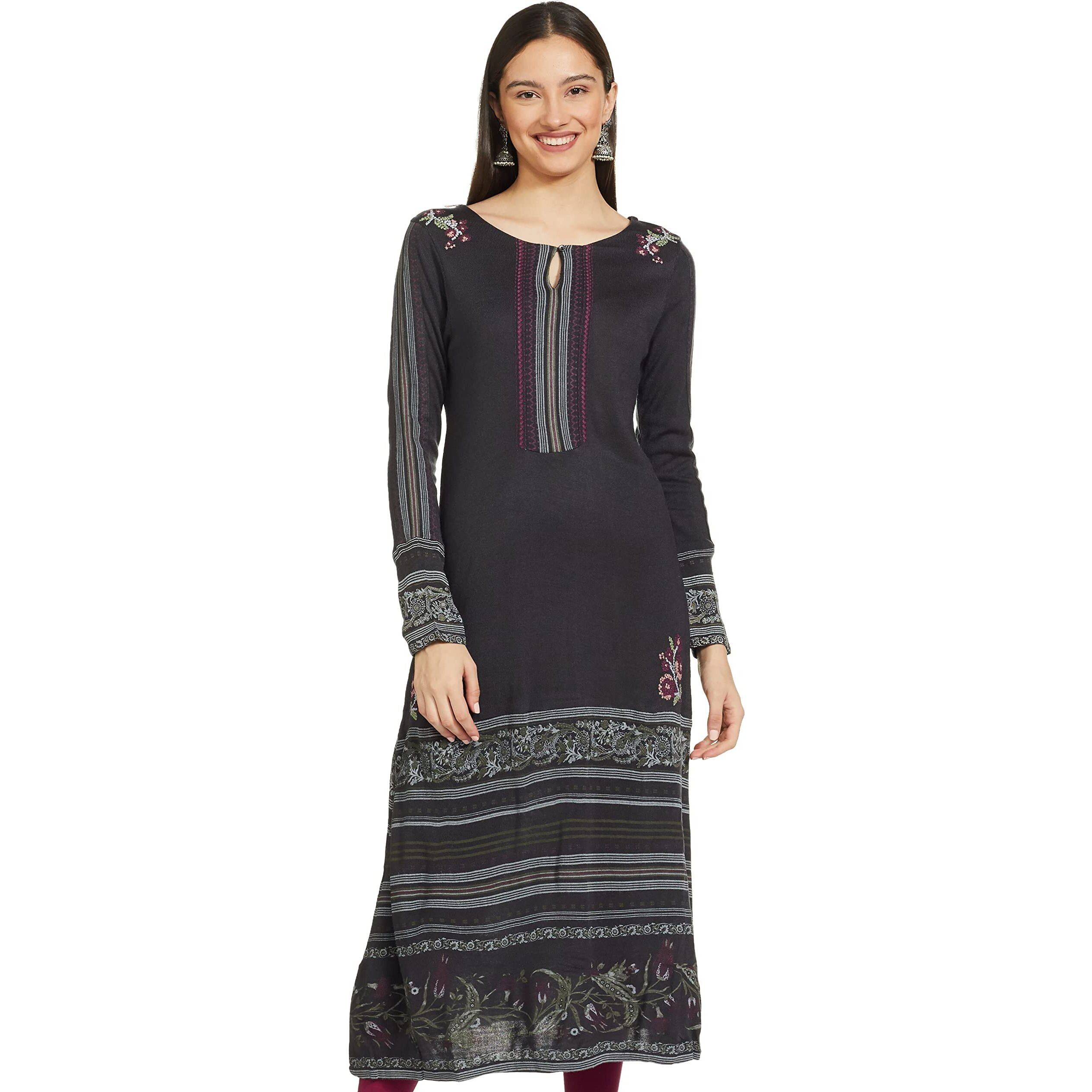 W For Woman Women's Acrylic Floral Regular Kurta (21Now16968-117277P_Graphite_S)