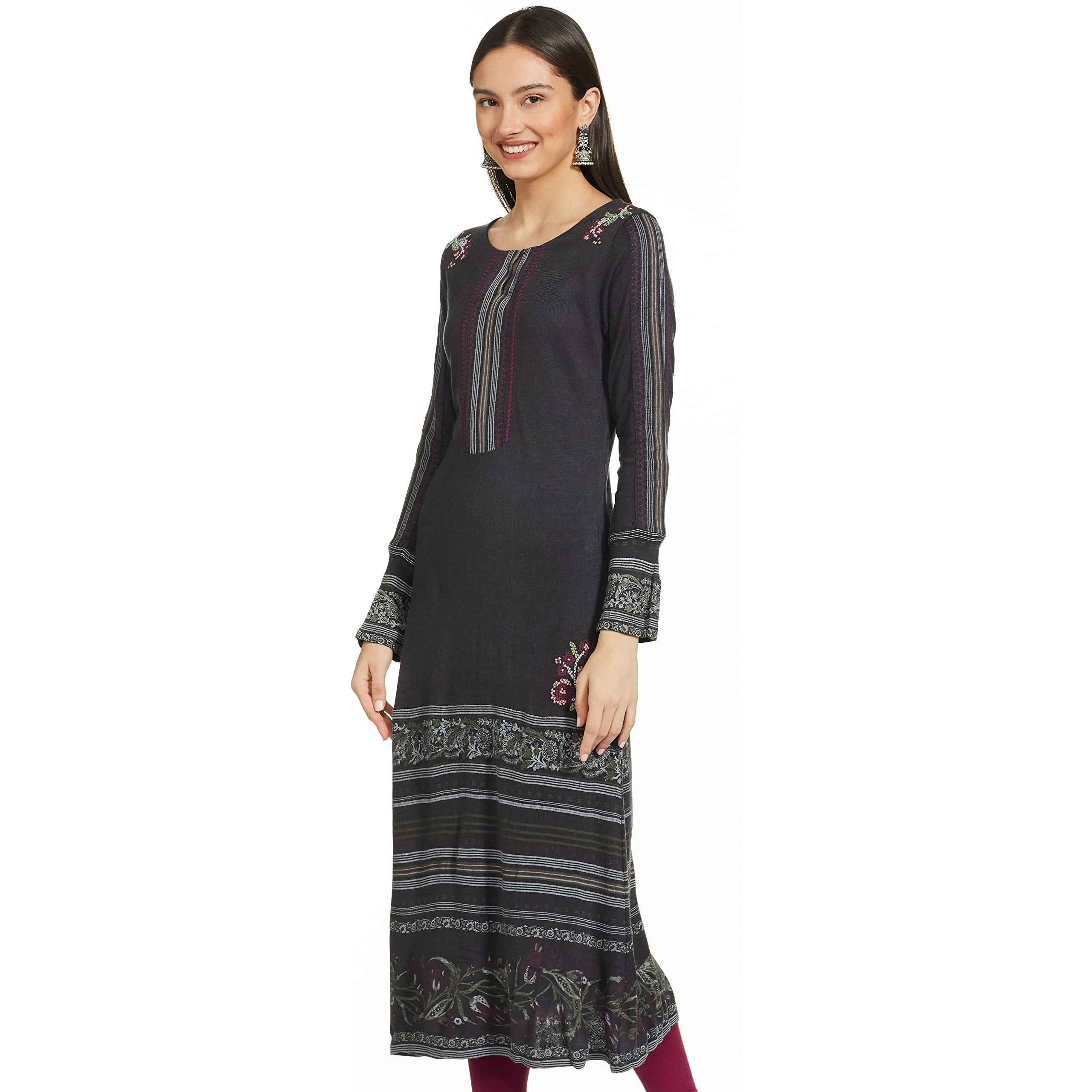 W For Woman Women's Acrylic Floral Regular Kurta (21Now16968-117277P_Graphite_S)