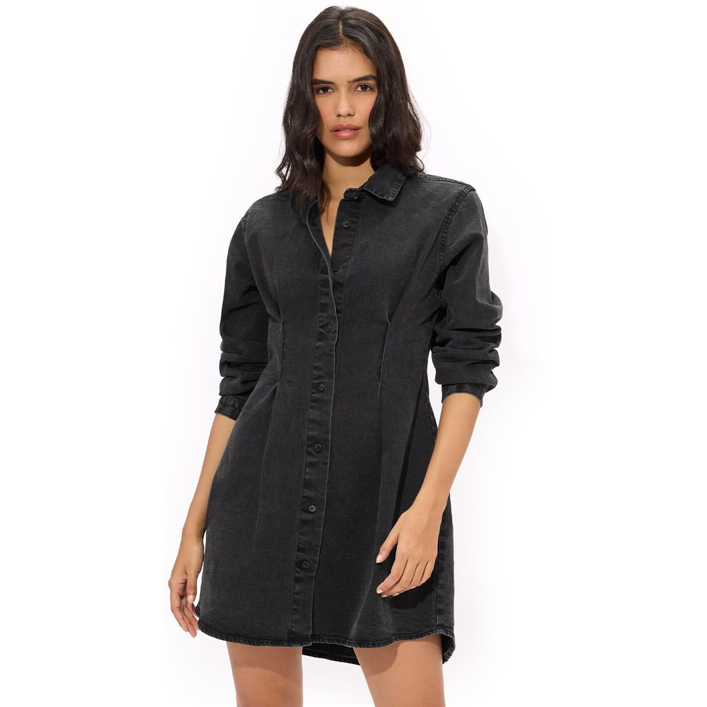 The Souled Store Official Denim Shirt Dress Originals Charcoal Women And Girls Long Sleeves Collared Neck Button Front Viscose Blend All Over Printed Shirt Dresses