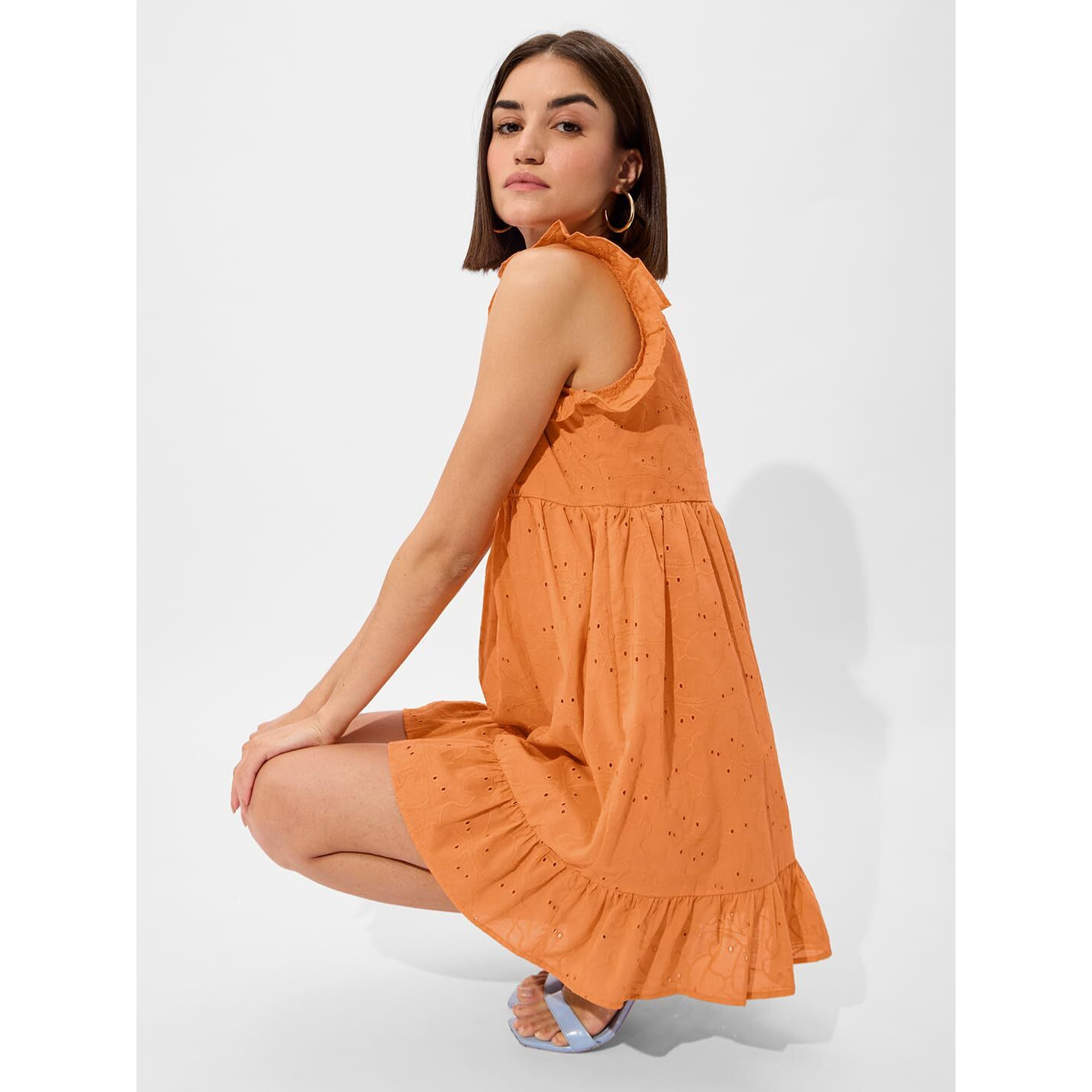 The Souled Store Cutwork Dress Orange Women And Girls Long Sleeves V Neck Oversized Dresses