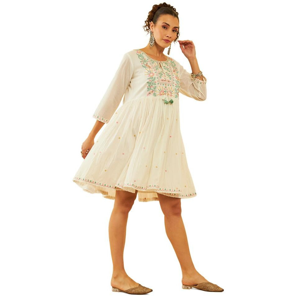 Soch Womens White & Green Cotton Embroidered A-Line Ethnic Dress With Tie-Ups