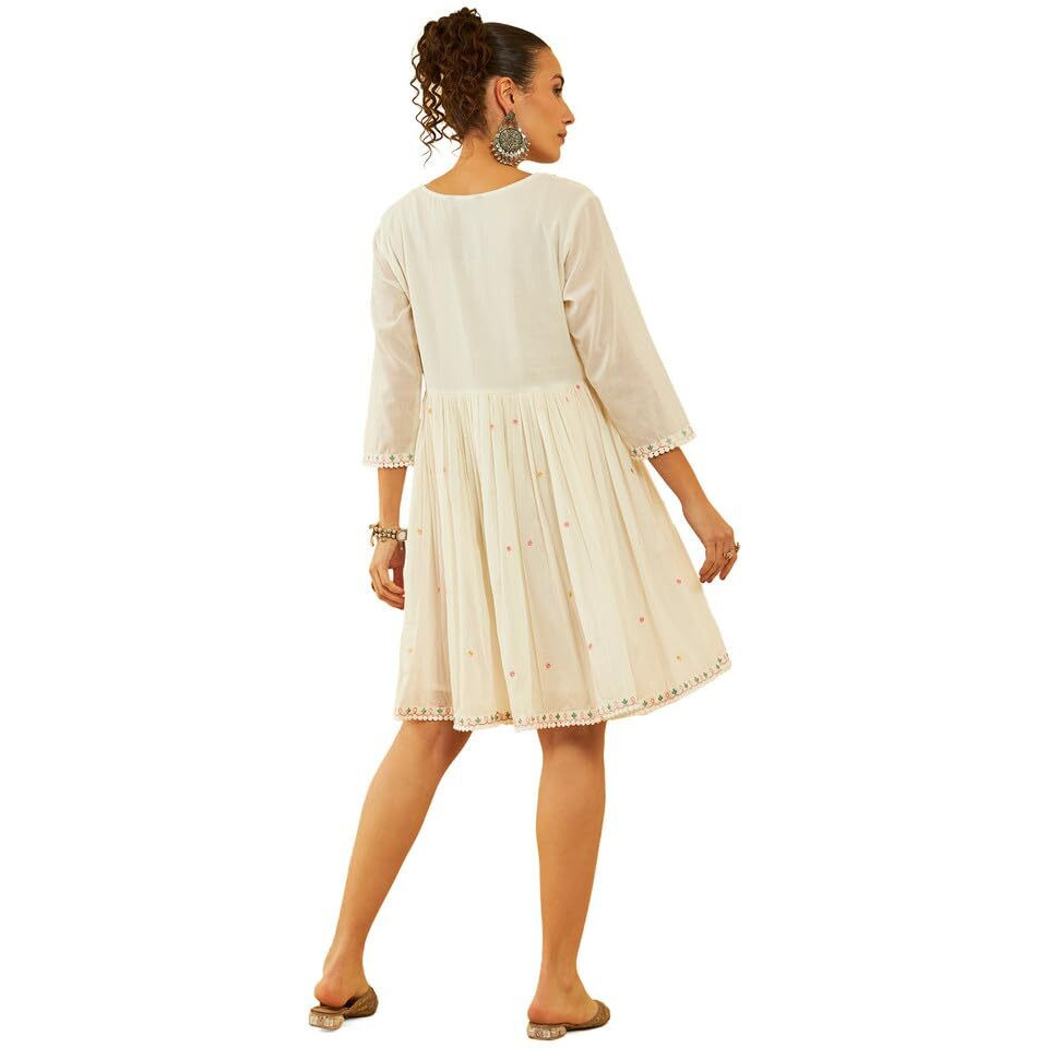 Soch Womens White & Green Cotton Embroidered A-Line Ethnic Dress With Tie-Ups