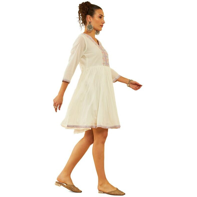 Soch Womens White & Purple Cotton Floral Embroidered Dress With Faux Mirror