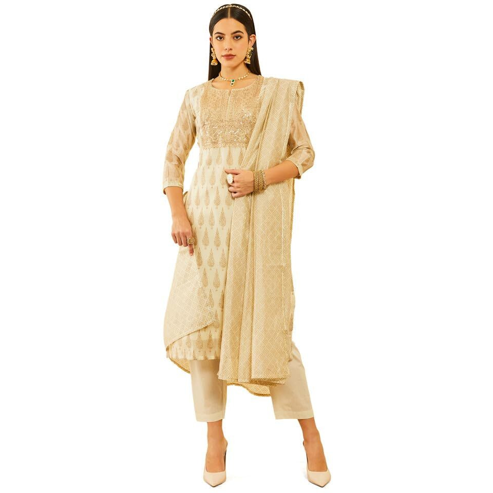 Soch Womens Off White Chanderi Sequinned Embellished Printed Suit Set