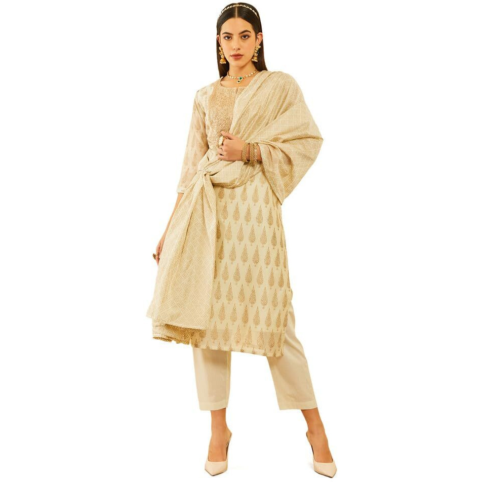 Soch Womens Off White Chanderi Sequinned Embellished Printed Suit Set