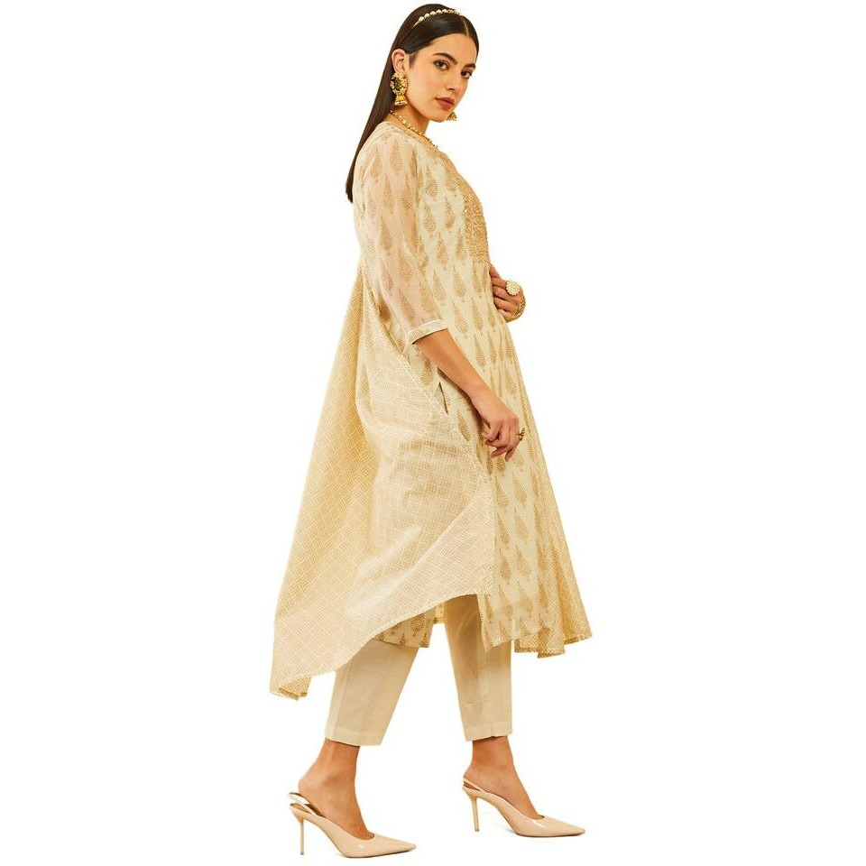Soch Womens Off White Chanderi Sequinned Embellished Printed Suit Set