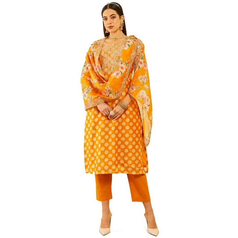 Soch Womens Mustard Chanderi Embroidered Suit Set With Sequins Work
