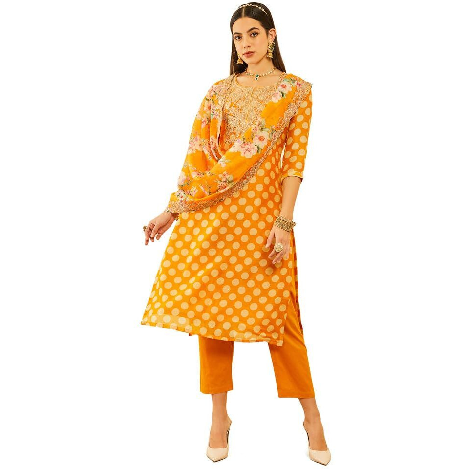 Soch Womens Mustard Chanderi Embroidered Suit Set With Sequins Work