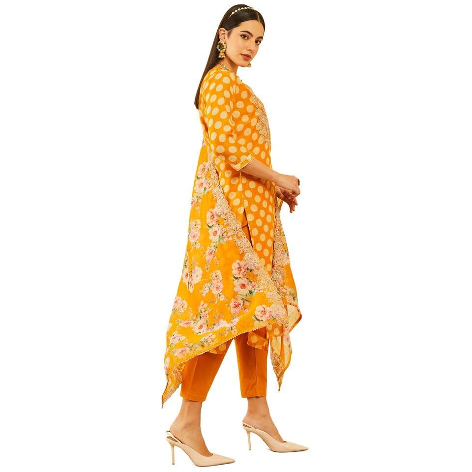 Soch Womens Mustard Chanderi Embroidered Suit Set With Sequins Work